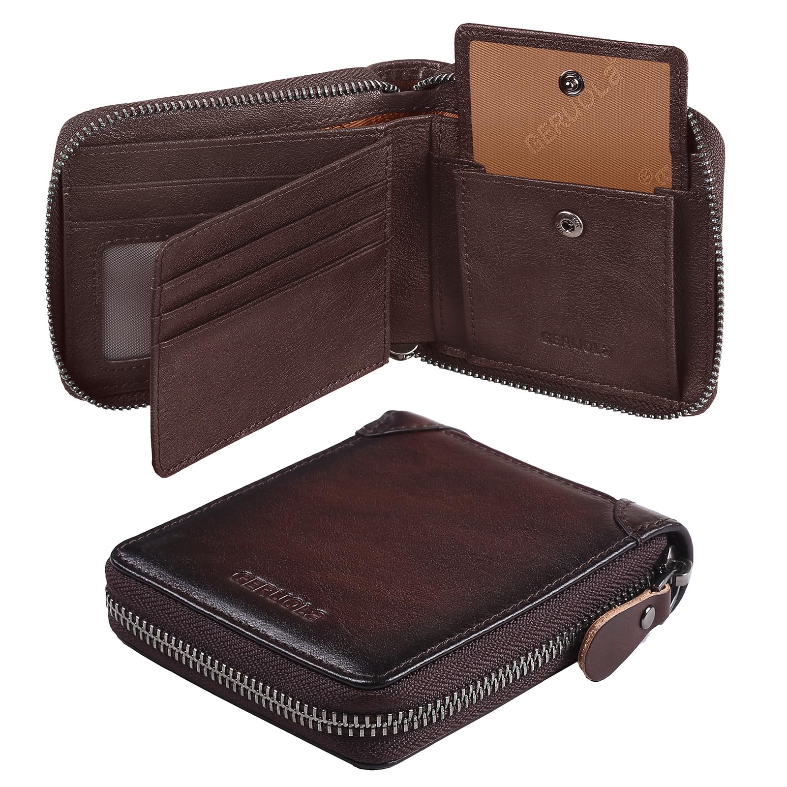 GERUOLA Men's Shielded Wallet Zipper Leather Wallet Men's Bifold RFID Card Case Wallets for Men (Coffee)