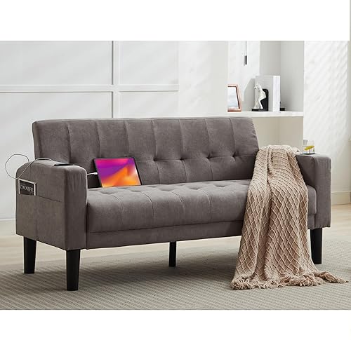 Miniatura 14 de TYBOATLE Sofá Loveseat de 62" de ancho con 2 puertos de cargador USB y 2 portavasos, pequeño asiento de amor de cuero negro con mechones estilo