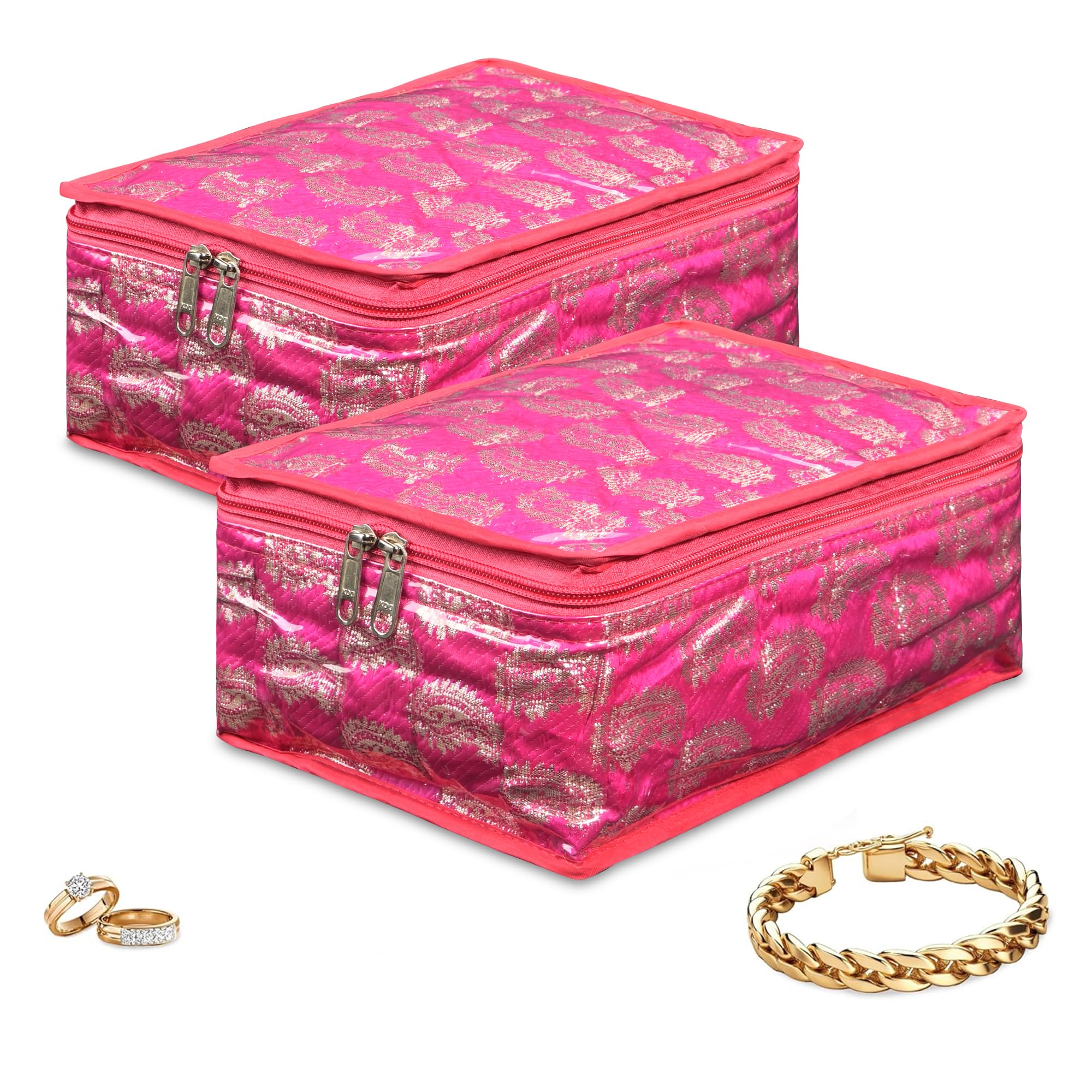 Kuber Industries 2 Pcs PVC Makeup Pouch Bag with 12 Compartments | Multipurpose Jewellery Organisers Pouch for Storage Earrings, Rings and Bracelets | Jama Design - Pink