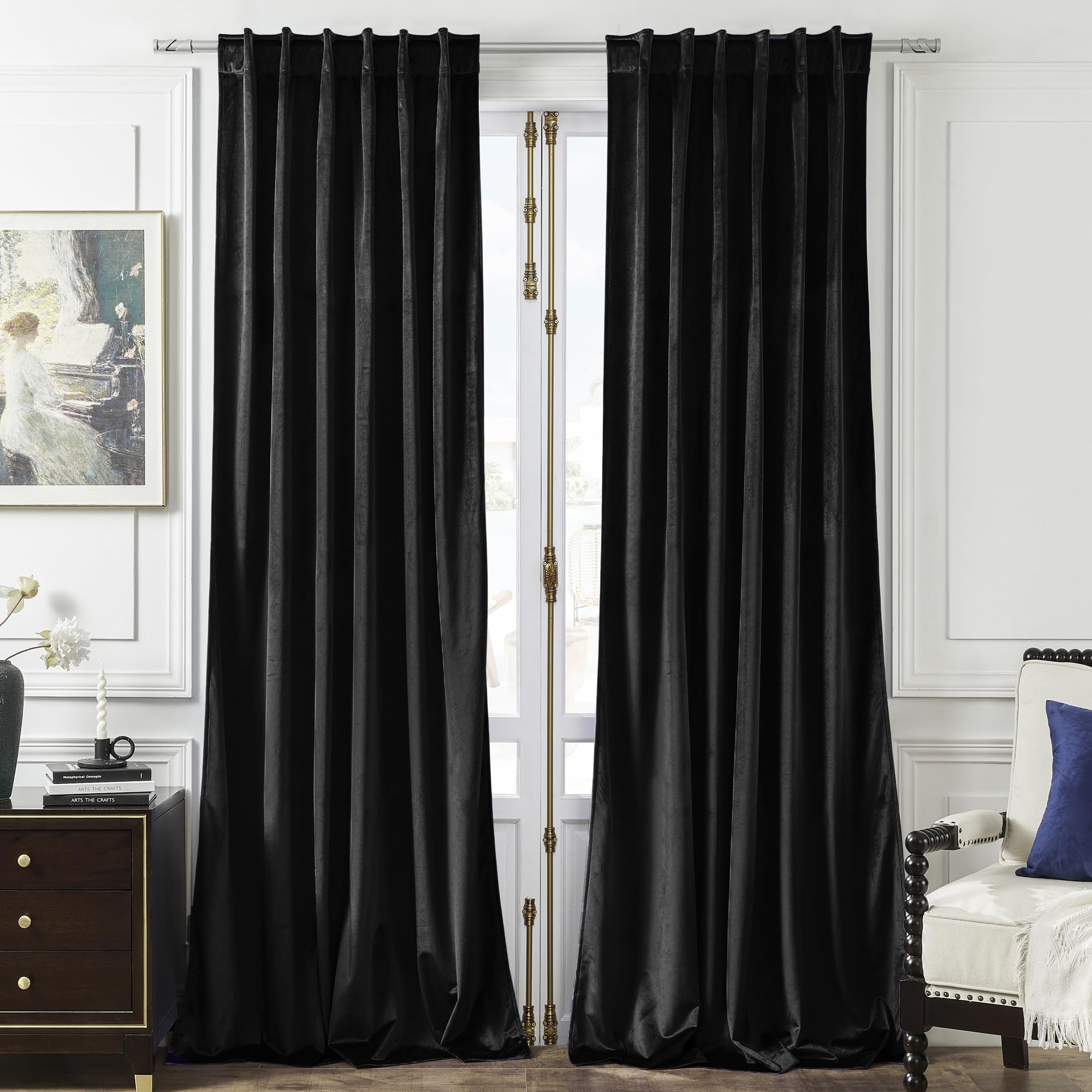 Timeper Black Velvet Curtains 96 inches Long - Blackout Curtains for Room, Rod Pocket Back Tab Design Thermal Insulated Drapery Privacy Protect for Study Room/Loft/Apartment, 52Wx 96L, 2 Panels