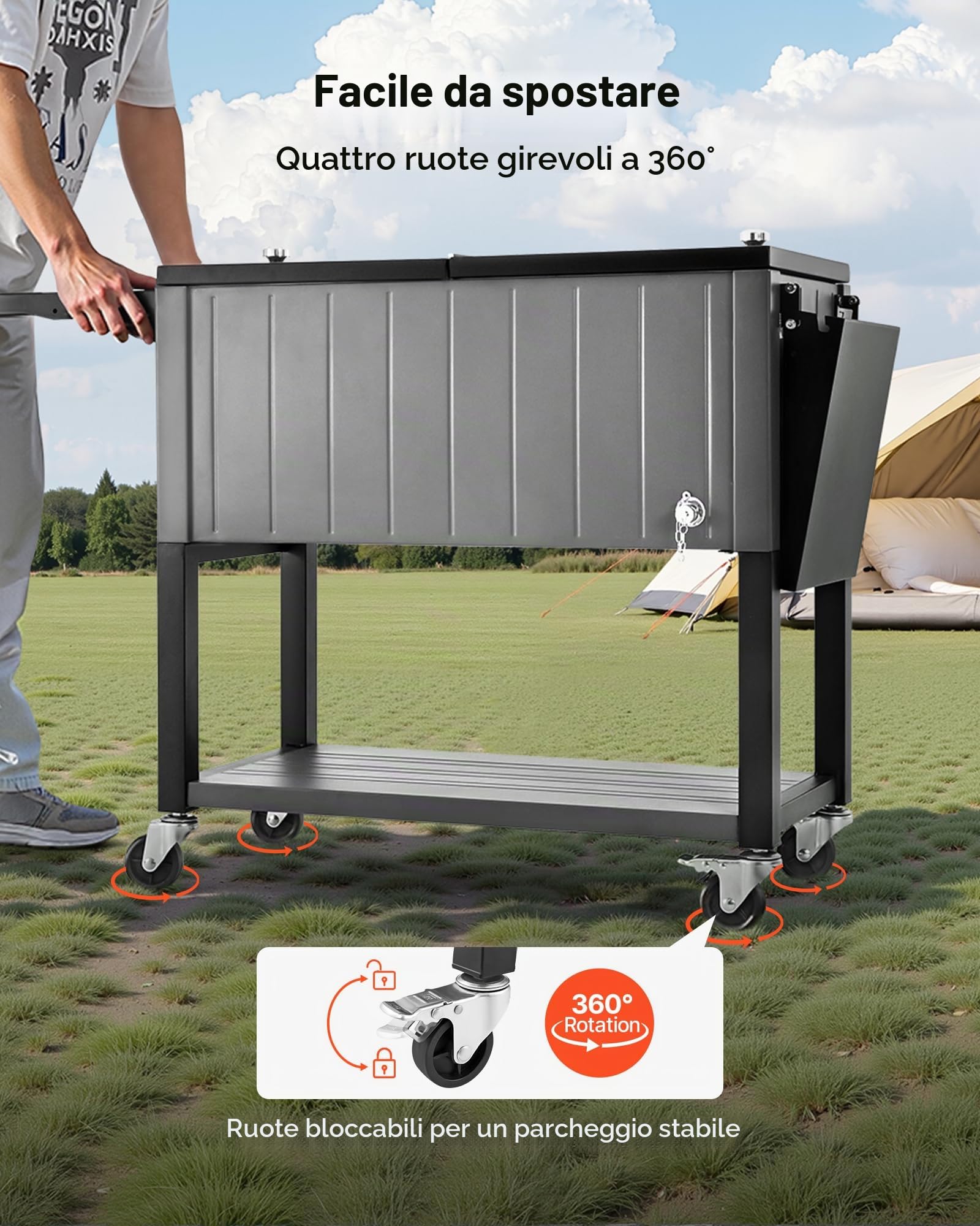 VEVOR Ghiacciaia Mobile da 75,71 L, Può Contenere Fino a 50 Bottiglie/110 Lattine, Carrello Portatile per Bevande da Bar per Feste, per Bevande con Ripiani Inferiore e Laterali Ruote e Apribottiglie