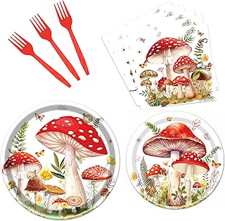 Mushroom Party Decorations Supplies, 96PCS Forest Mushroom Theme Plates Napkins Forks Birthday Decoration, Fairy Tale Party Disposable Paper Tableware Set(24 Guests)