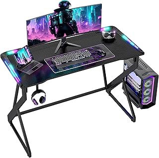 BEXEVUE Gaming Desk with LED Armor, 100 x 50 cm RGB Computer Desk with Carbon Fibre Surface and Z Frame Design, Gamer PC D…