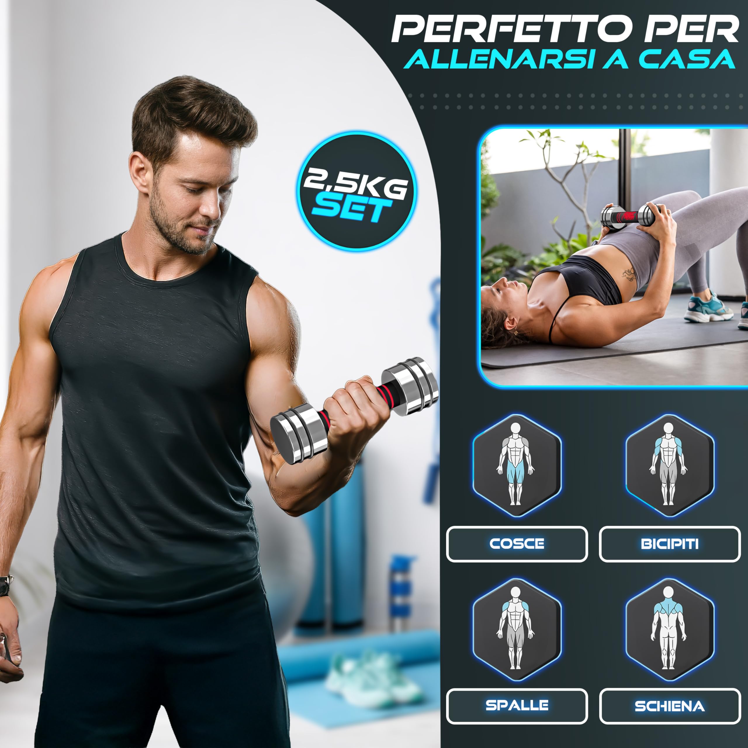 RE:SPORT Set di 2 manubri in acciaio massiccio, 2,5/5/7,5/10 kg, manubri corti con pesi e manico in gommapiuma, bilancieri per fitness, allenamento della forza e costruzione muscolare