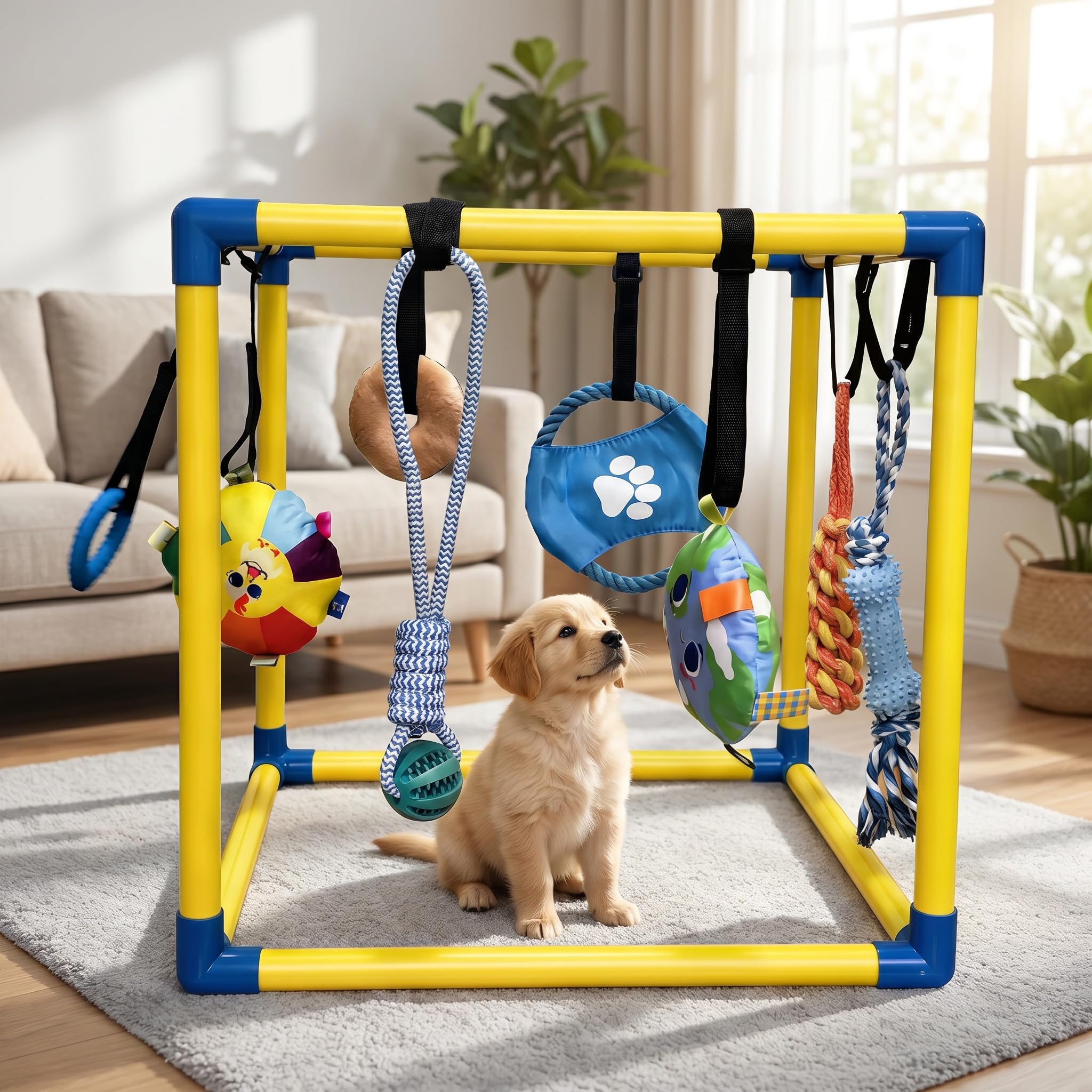 Centro attività per cani con giocattoli appesi, palestra da gioco per cuccioli al coperto, robusto telaio in PVC, 8 giocattoli interattivi per esercizi e stimolazione mentale