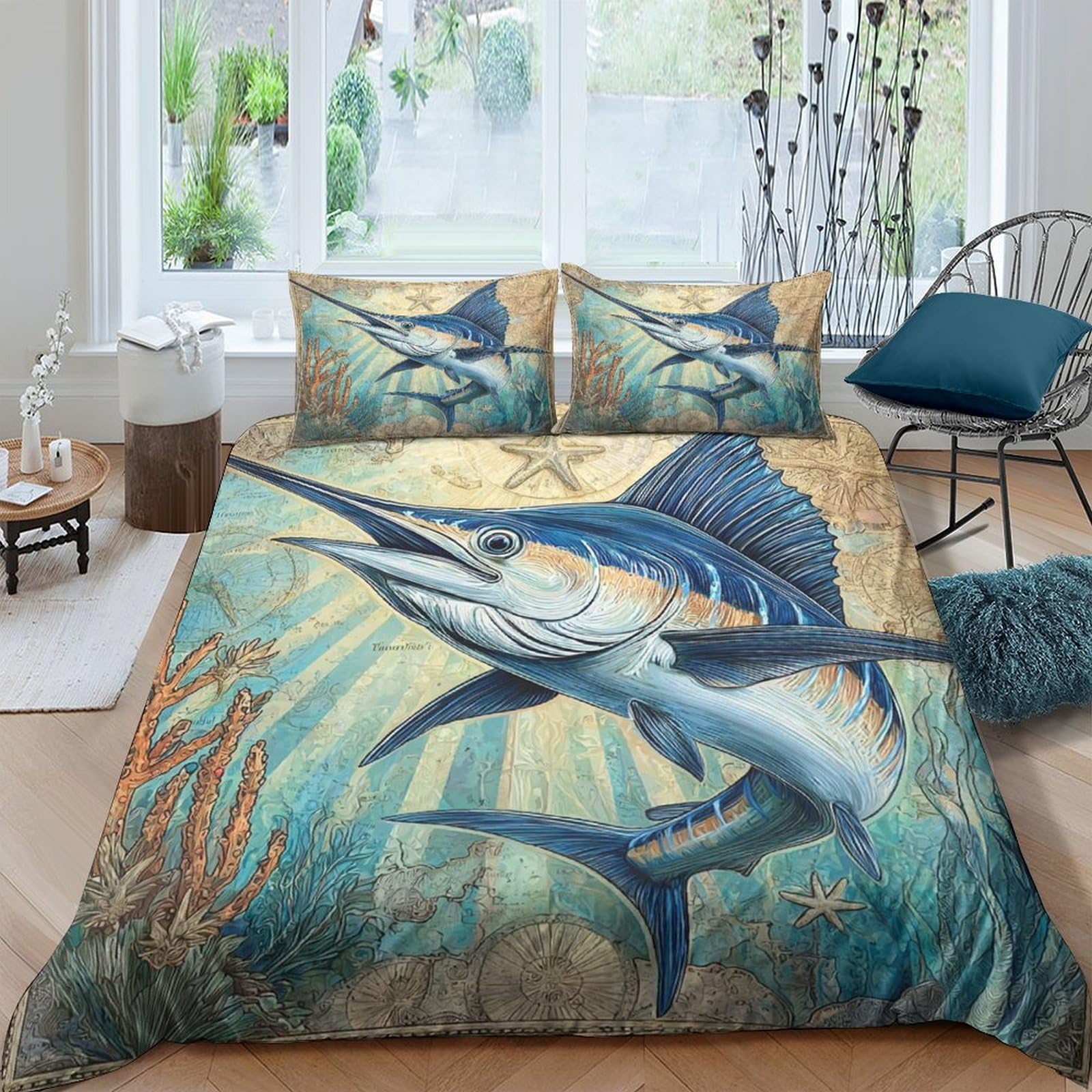 Ctjqhvkz Style-5 3D Printed Ocean Swordfish Fitted Sheet Microfiber Blue Underwater Mattress Cover Bedroom Decor Protection Single（135X200cm）