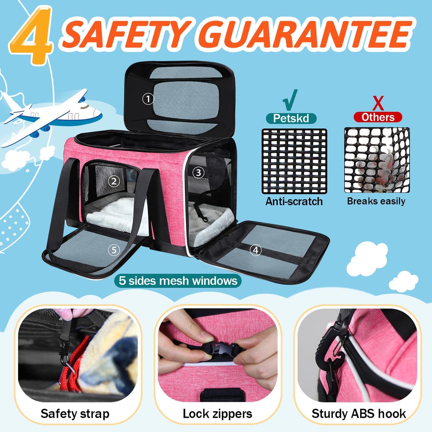 Petskd Transportín expandible de 41,18 x 30,48 x 21,59 cm, aprobado por JetBlue, Allegiant y Spirit, blando, para perros y gatos pequeños, con cremalleras de seguridad y malla antiarañazos (rosa)
