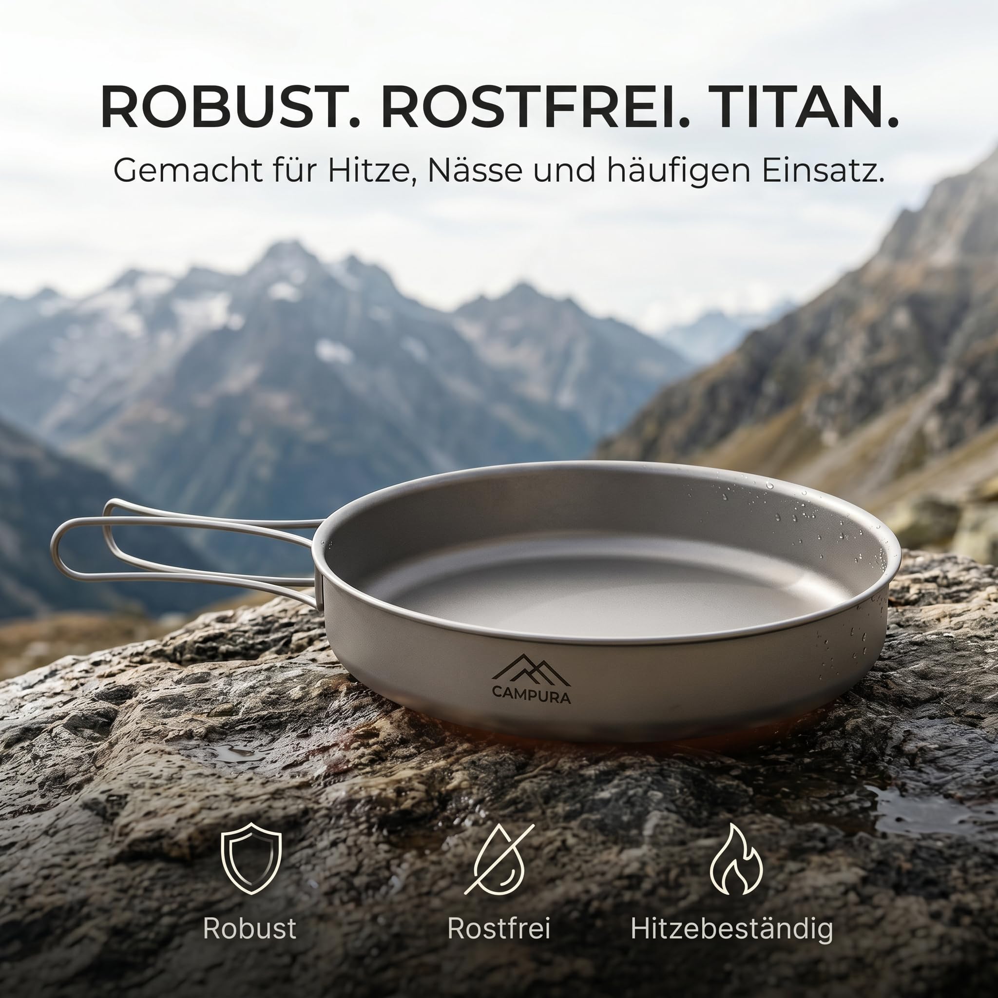 Titan Bratpfanne 20cm mit Klappgriff und Transportbeutel - 175g Ultraleichtes Campingkochgeschirr aus Titan für Outdoor, Trekking und Bushcraft - Kompakte Pfanne für Outdoor