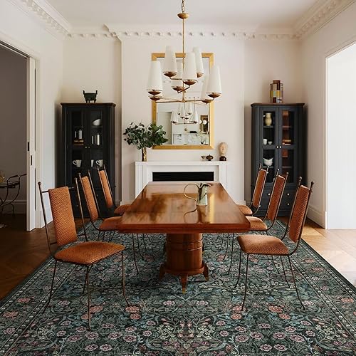 Miniatura 5 de Alfombra floral lavable para sala de estar, alfombra grande de 9 x 12 pulgadas, color negro, verde, bohemio, resistente a las manchas, bohemio,