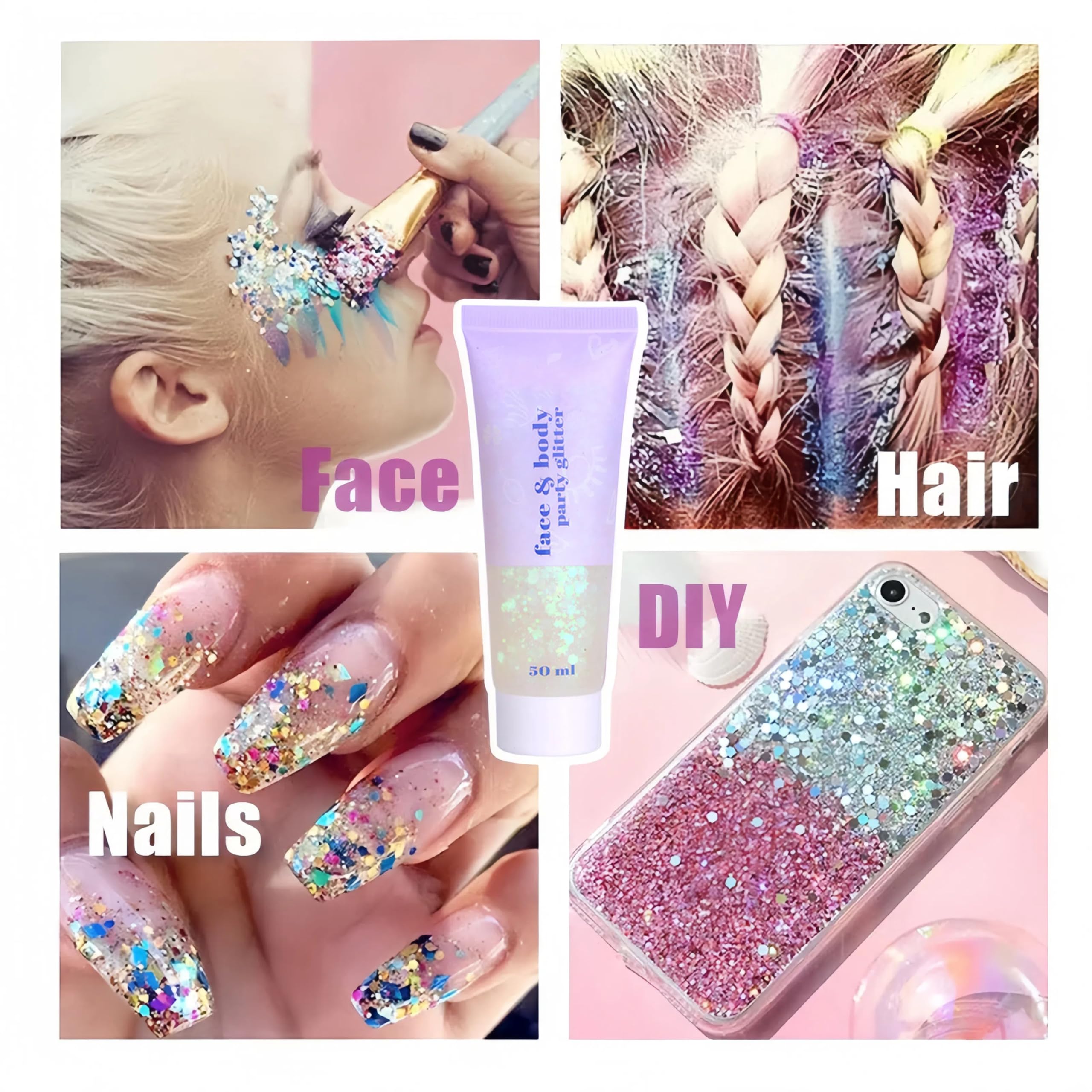 EOGRFW Body Glitter Gel,Face Glitters Body Gel for Girl,50ml Shimmer Liquid Eyeshadow,Chunky Glitter for Face Hair Nails DIY Makeup,Holographic Glitter Gel Festival Glitter Makeup (White) - Image 4