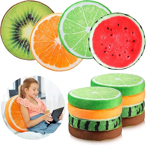 Coume 8 almohadas redondas de frutas de 15.7 pulgadas, cojines de suelo 3D sandía, kiwi, limón, naranja, cojines decorativos para silla, asiento de