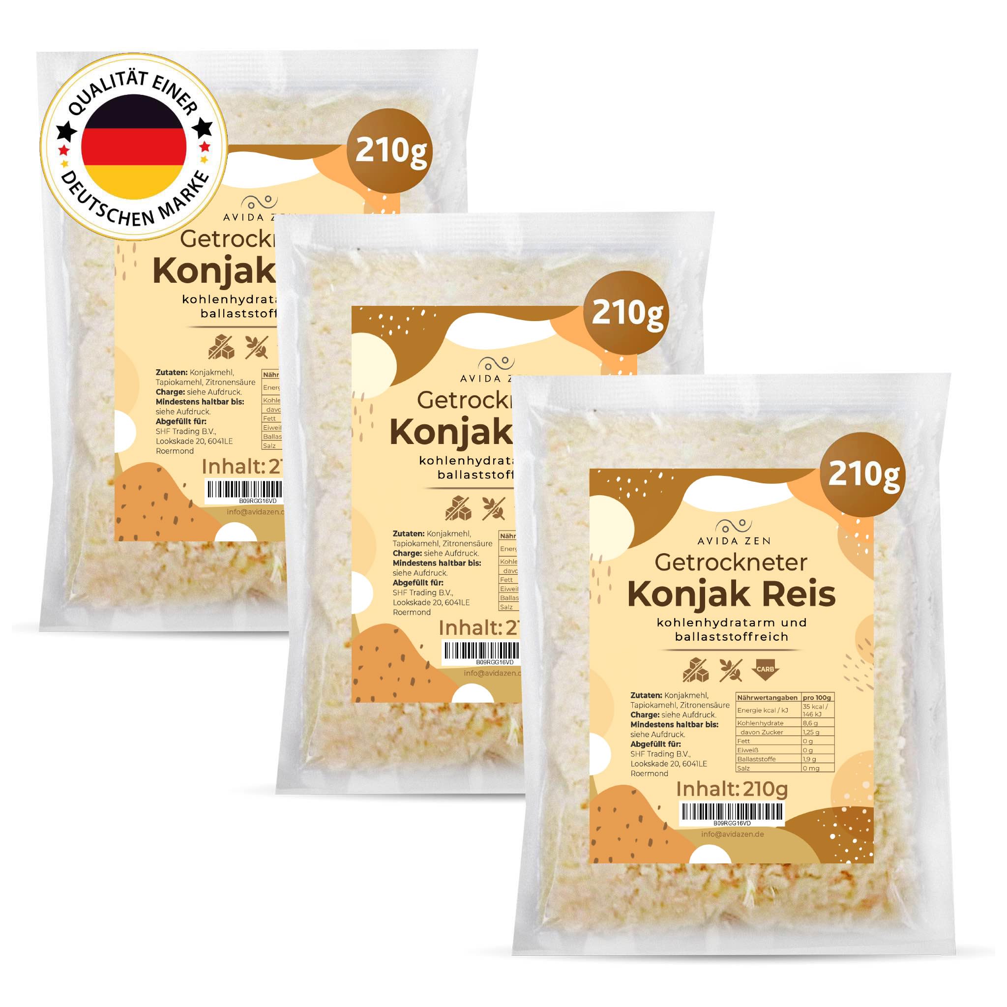 AVIDA ZEN Konjak Reis, Zero und kohlenhydratarm, Shirataki kalorienarm | Konjakreis getrocknet 3x210g ballaststoffreich Keto freundlich, glutenfrei und vegan, Konjac rice wenig Kalorien