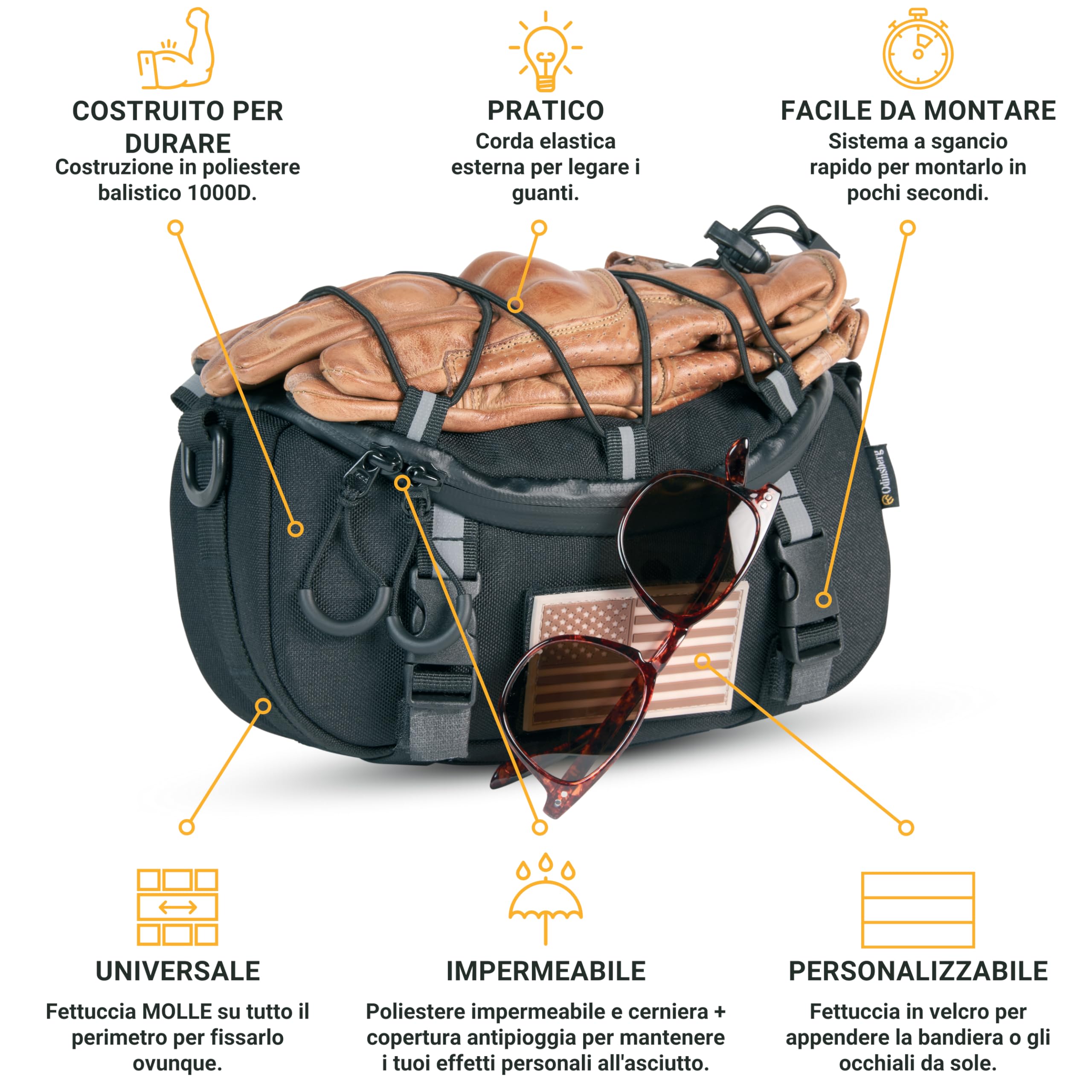 Odinsberg Borsa multifunzione per manubrio di bicicletta e moto, 3 l, impermeabile, compatibile con la maggior parte dei tipi di manubrio, nero