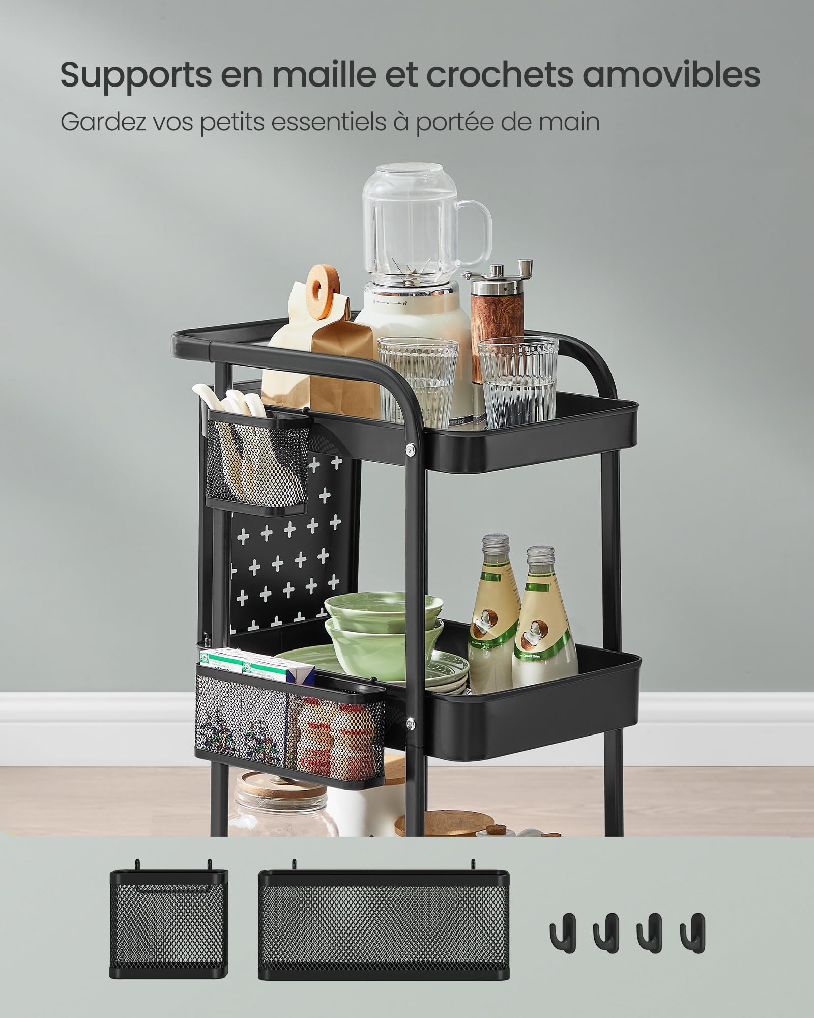 SONGMICS Chariot de Rangement, 3 Plateaux en Maille Métallique, 2 Panneaux Perforés Amovibles, 2 Supports Suspendus, 4 Crochets, pour Bureau, Cuisine, Salon, Salle de Bain, Noir d’Encre LRC037B01