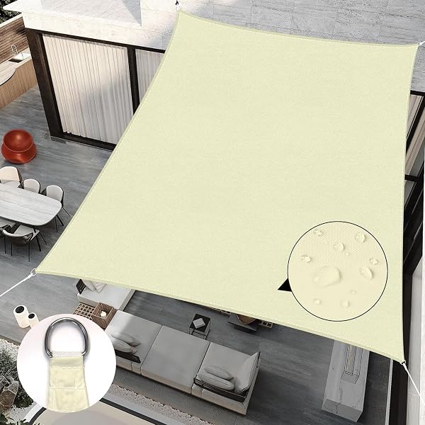 RICHIE Sun Shade Sail Rectangle 2m x 4m Waterproof, 98% UV Block Awnings for Patios with Free Rope, Sunscreen Awning Canopy, Rectangular Garden Shelter for Outdoor Garden Patio Yard Lawn Party, Beige - 1