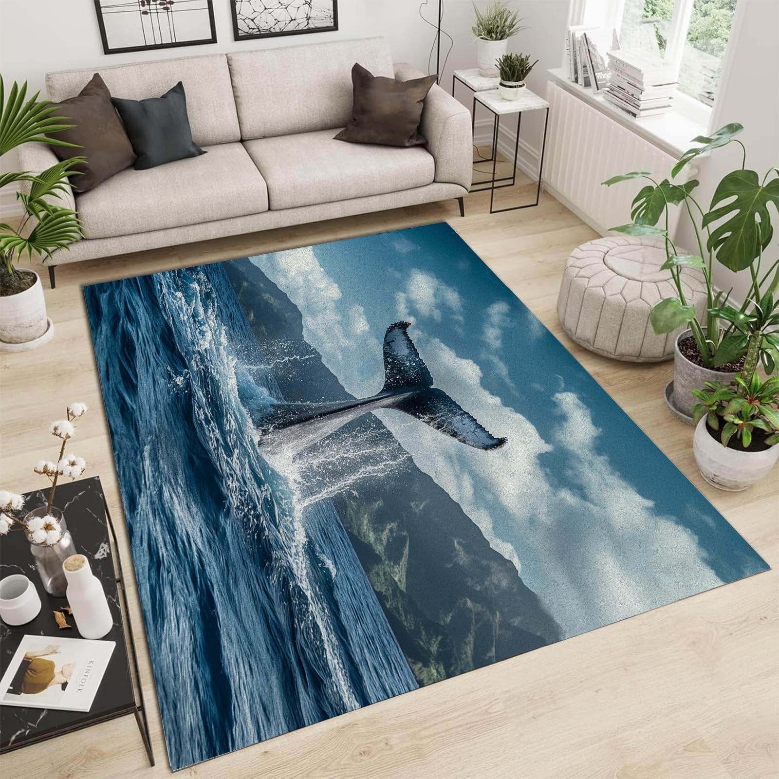 Tapis de salon lavable et antidérapant à motif baleine vintage