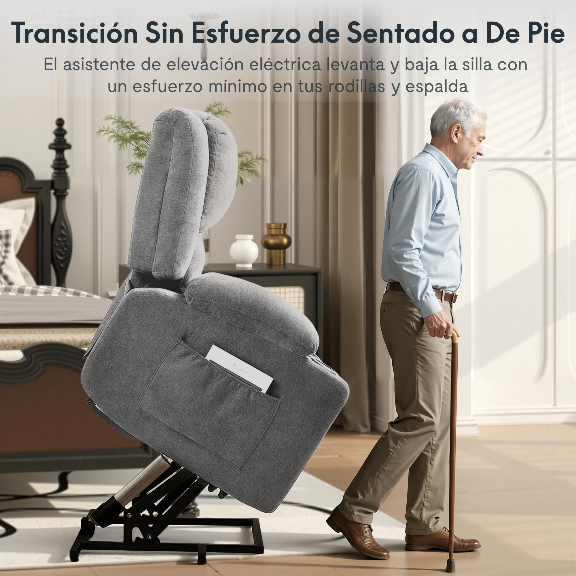 FLEXISPOT XL6 Sillón Relax Eléctrico con Levantapersonas, Masaje 8 Puntos y Calor, Reclinable 105°-165°, USB y Type-C, 2 Portavasos y Bolsillos, Sofá Individual Acolchado, hasta 200 kg, Gris Claro