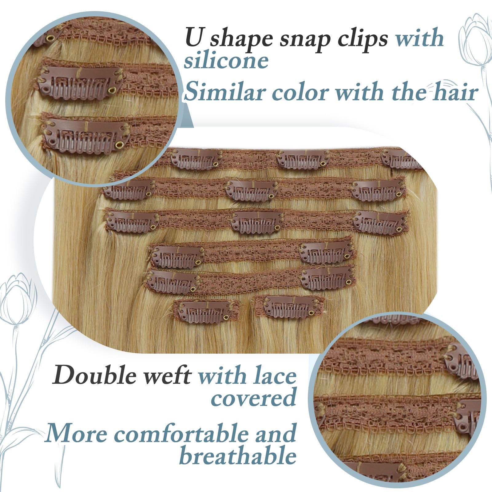 RUNATURE Clip in Hair Extensions Real Human Hair 16 Inch Blonde Hair Extensions Clip in Human Hair 120g 7pcs Full Head Straight Highlight Golden Blonde Remy Hair Double Weft #16/24 - Image 4