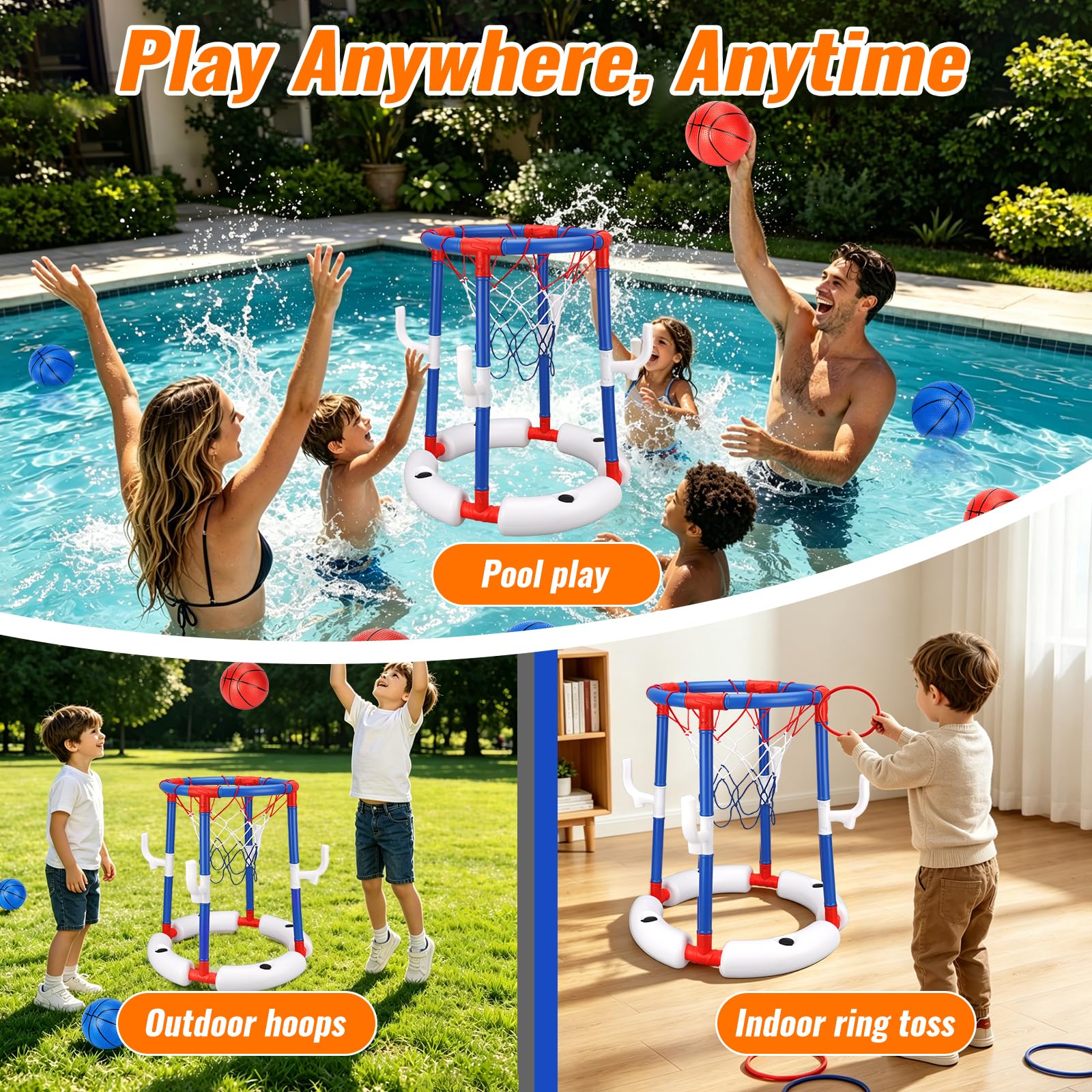 Canestro galleggiante da pallacanestro, base stabile riempibile con acqua, 2 in 1, per bambini dai 3 anni in su, include 4 palline, 6 anelli e pompa, regalo estivo per feste in piscina