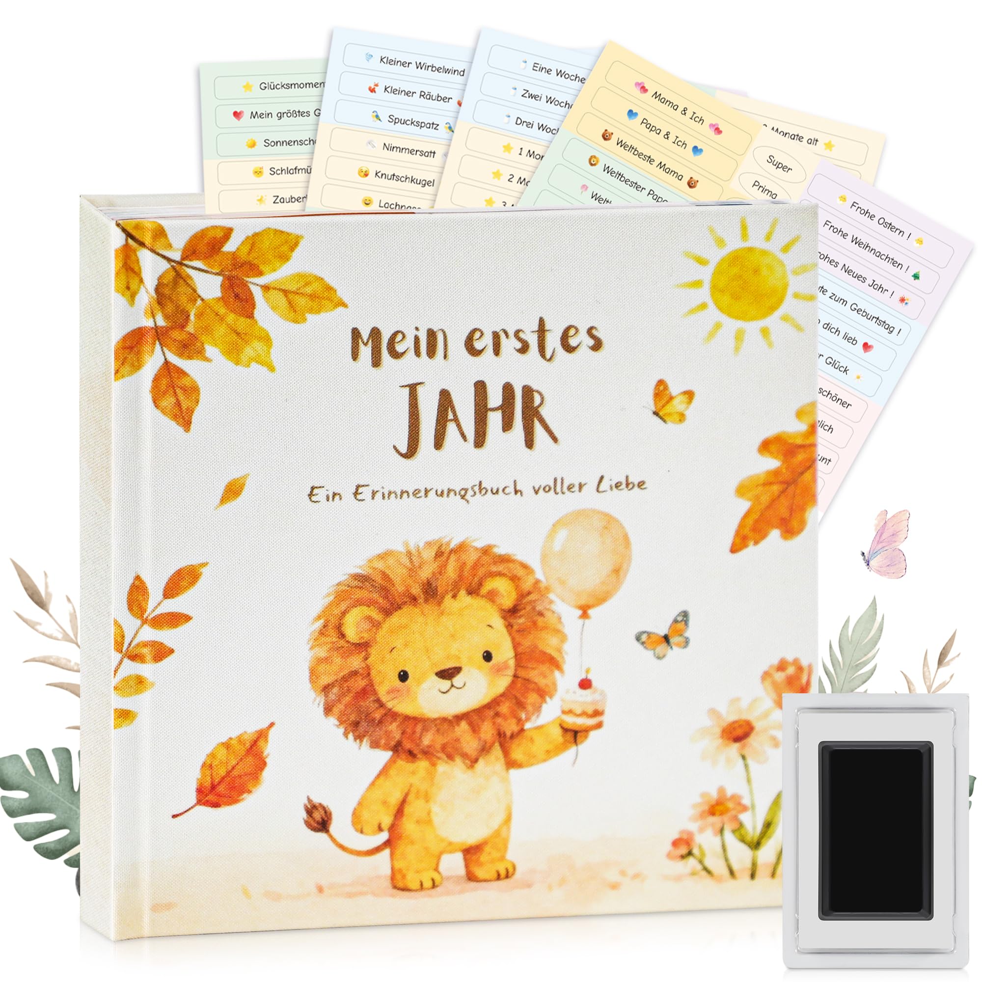 EARLY MINDS Babytagebuch Mein erstes Jahr – Leinen-Cover mit süßen Waldtieren, 21×21 cm, 88 Seiten, 4 Sticker, Hand- & Fußabdruck-Set, Babybuch/Babyalbum/Erinnerungsbuch, neutral für Jungen & Mädchen