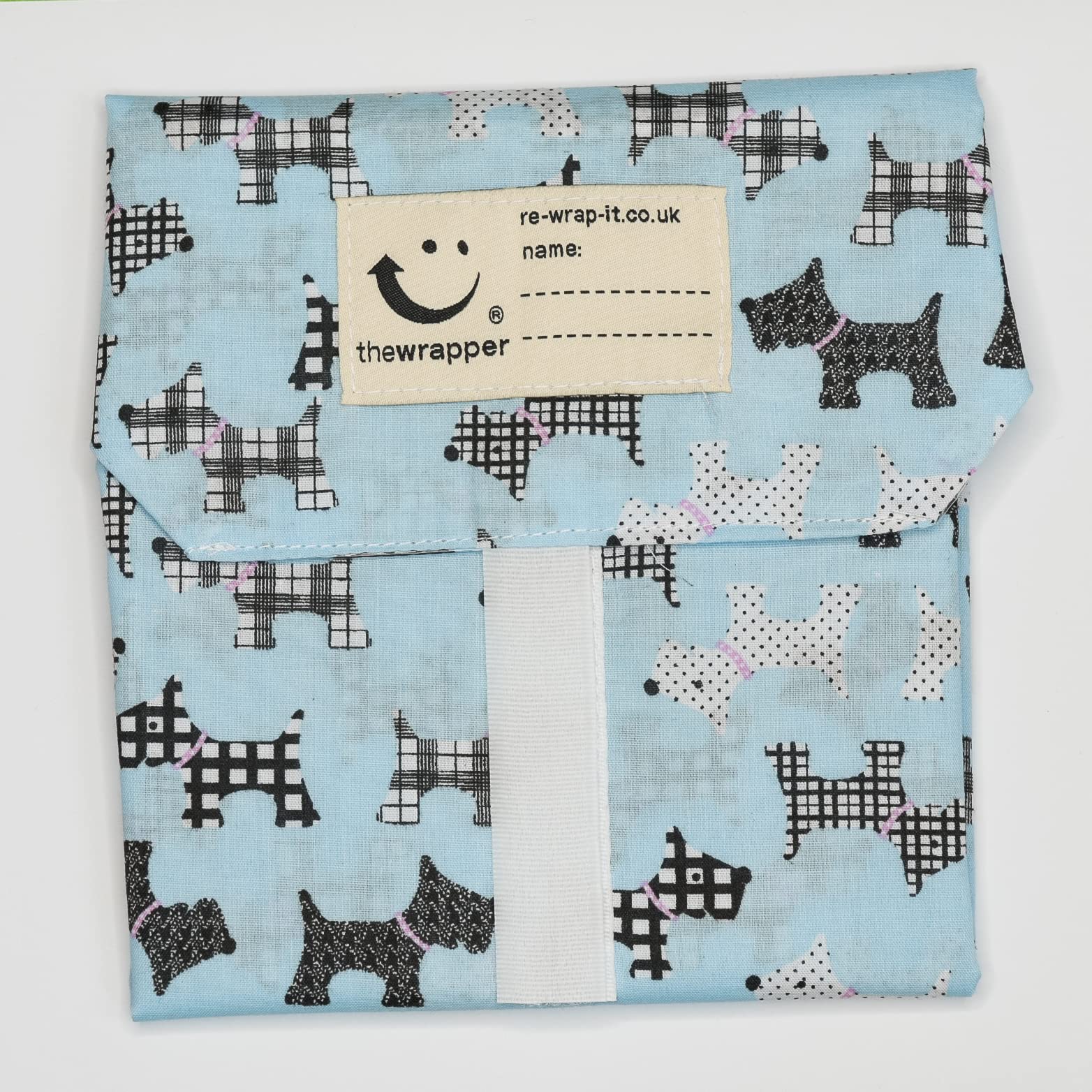 the Wrapper, Re Wrap It Sandwich Bags, Light Blue Scotty Dog, No Waste Packaging, Eco Friendly, Reusable Food Wraps. Made In Scotland.