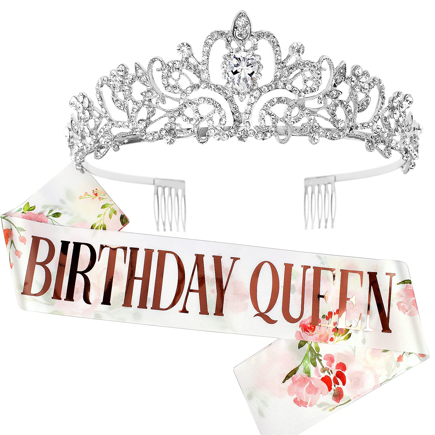 "Birthday Queen" Sash & Rhinestone Tiara Set COCIDE Silver Birthday Sash and Tiara for Women Birthday Decoration Kit Rhinestone Headband for Girl Glitter Crystal Hair Accessories for Party Cake Topper
