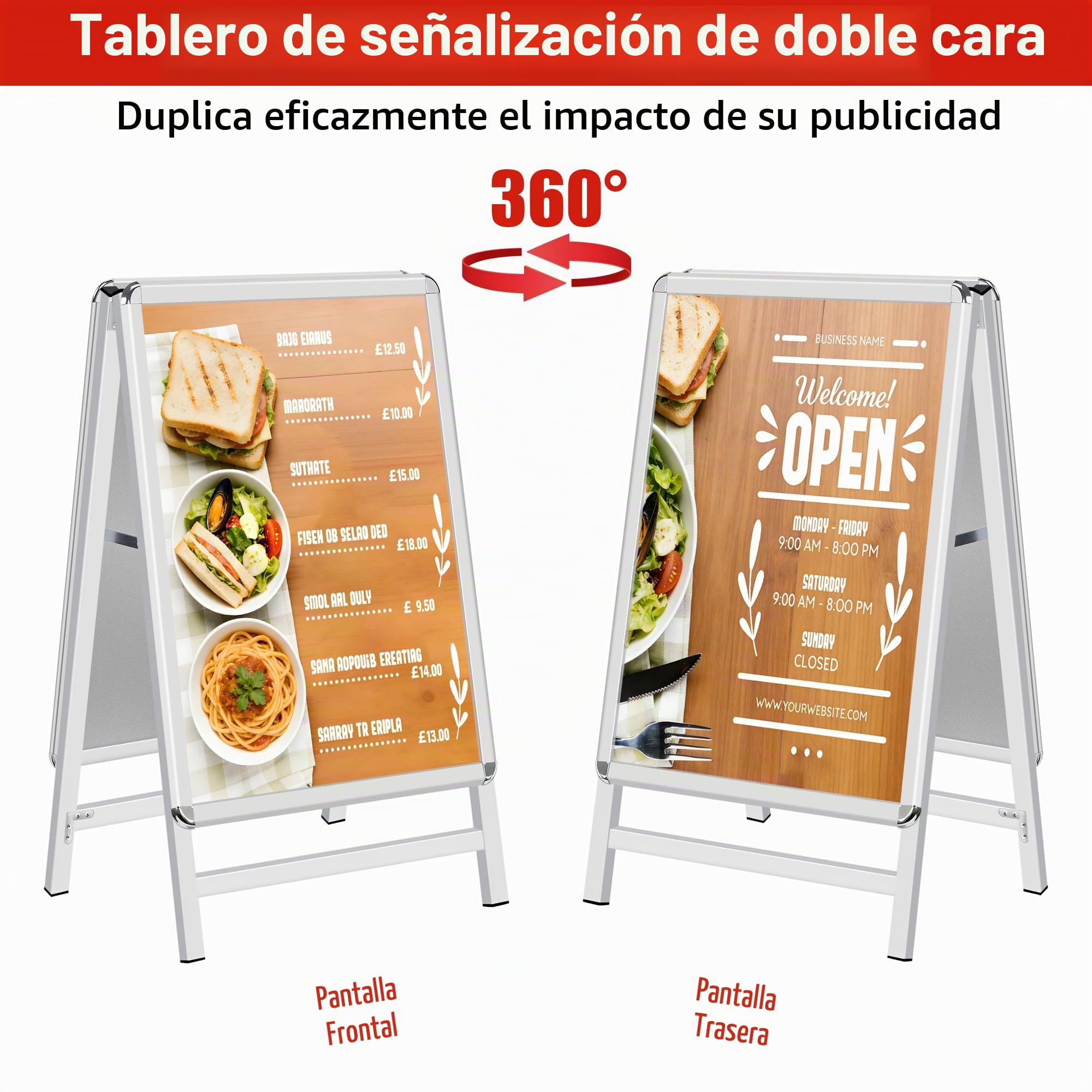 A Board Pavement Sign Frame - A2 tablero del pavimento de doble cara con aluminio Snap Frame Sign Stand para al aire libre Heavy Duty Cartel Menú Stand Publicidad Display Stand, Plata
