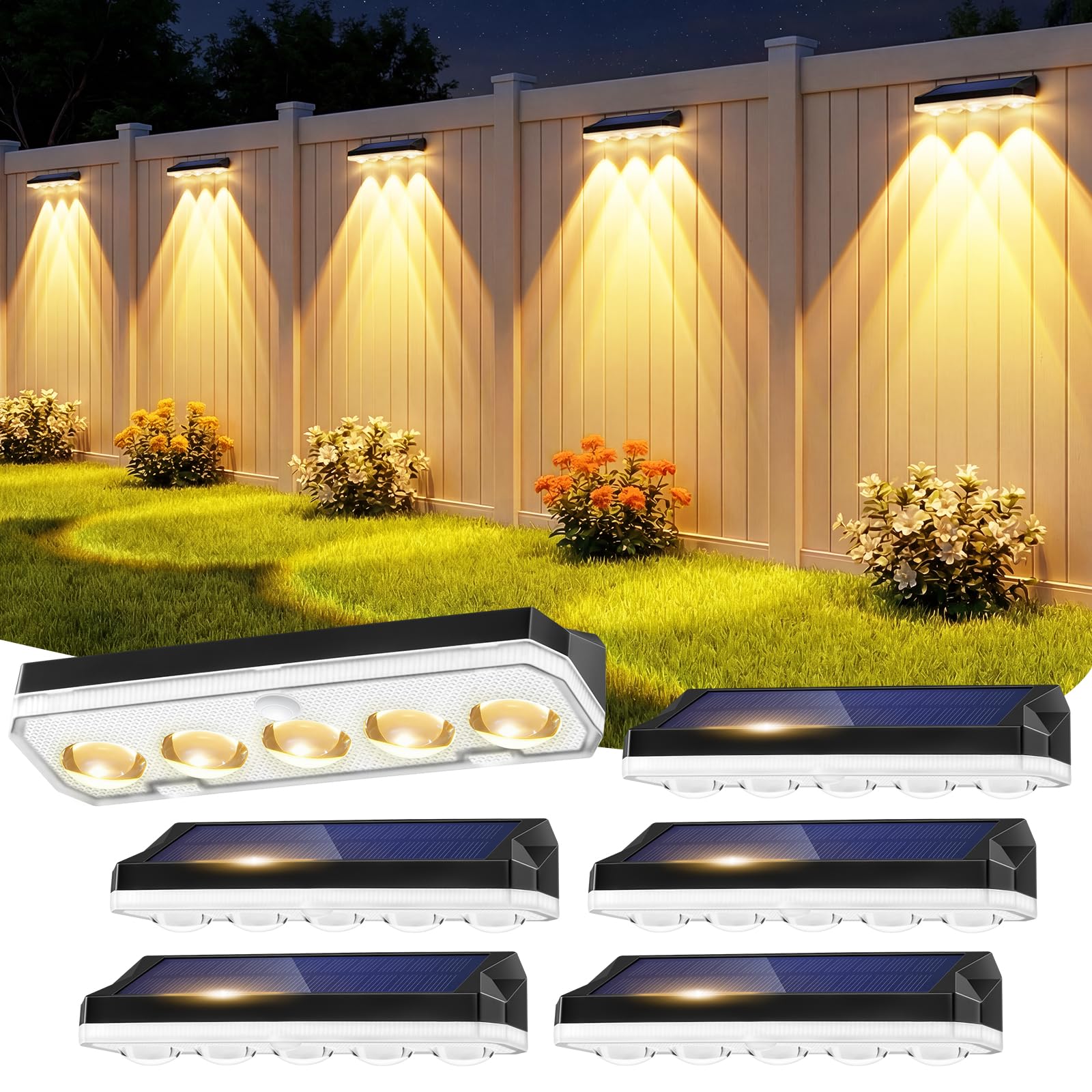 Solar Fence Lights Outdoor, 6 Pack Solar Lights Outdoor Garden Warm White/Cool White& RGB 8 Colors, 5 Lens 40 Lighting Modes, IP65 Waterproof, Outside Wall Light for Garage, Yard, Pathway