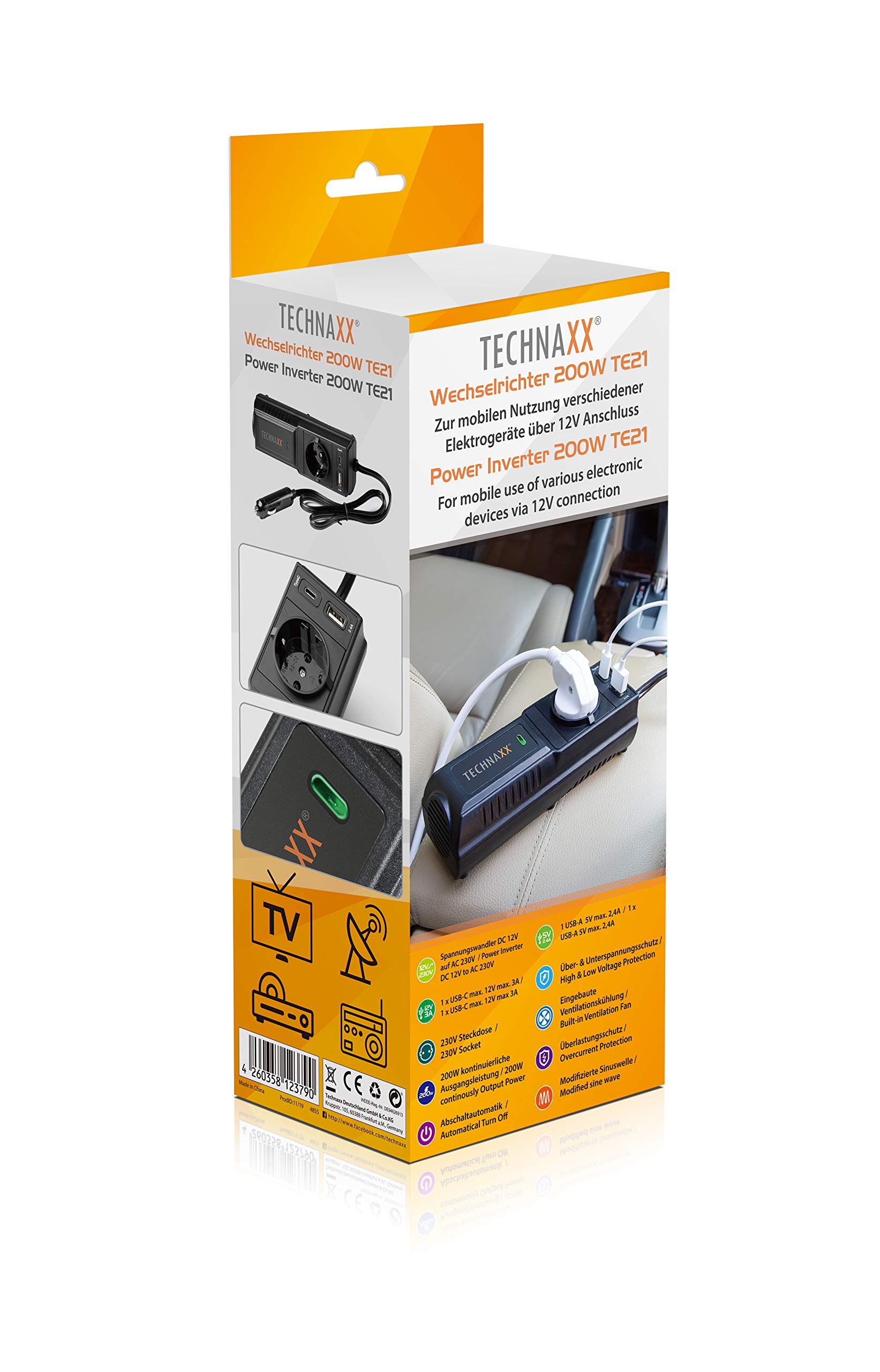 Technaxx Car Inverter 200W, convertidor de voltaje de 12V a 230V con 2 puertos USB, 1 toma Schuko, protección de alto/bajo voltaje y sobrecarga - Transformador de voltaje para encendedor TE21