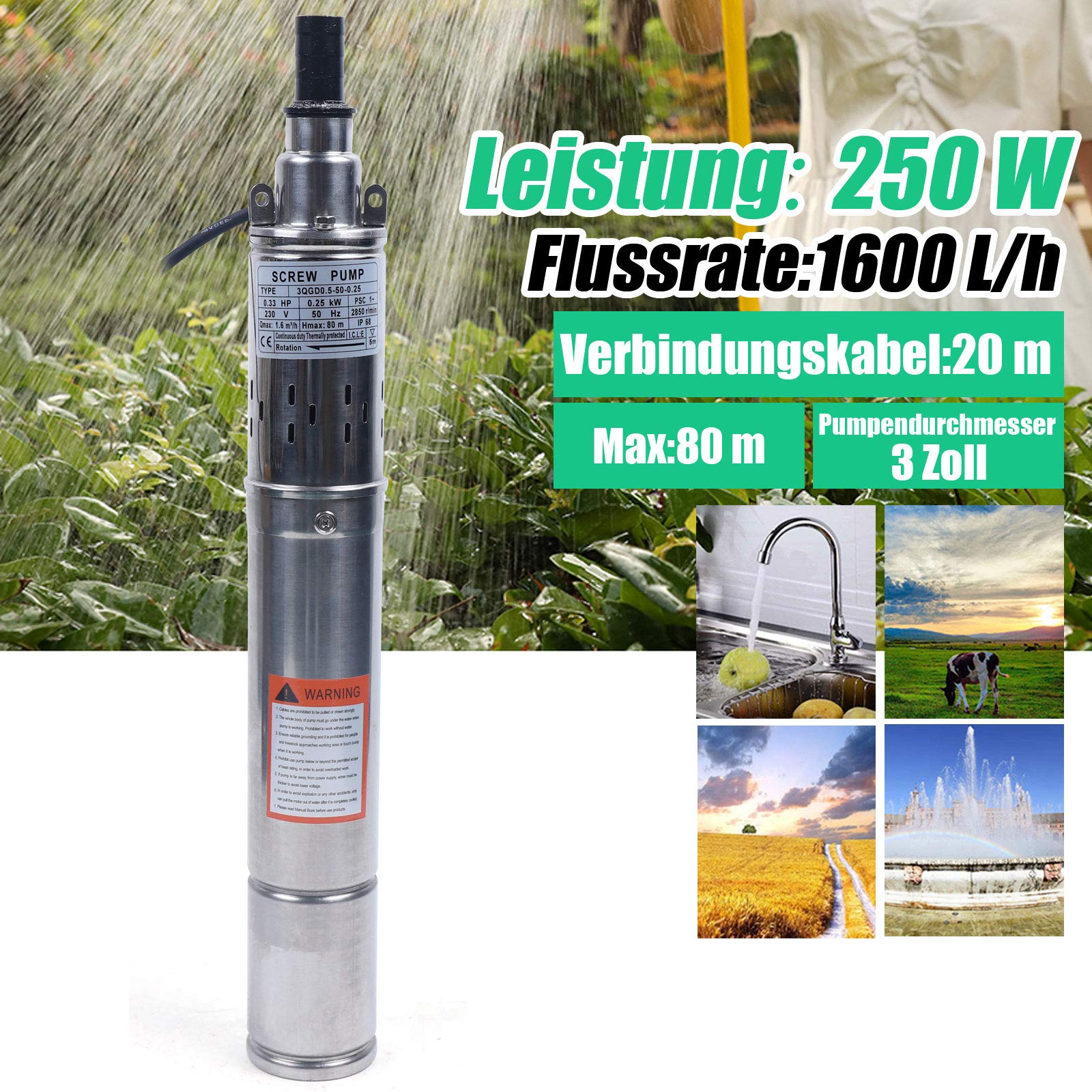 Pompa do studni 3", śruba 250 W, kabel 20 m, odporna na piasek, pompa głębinowa o pojemności 1600 l/h, maks. wysokość tłoczenia 80 m, pompa śrubowa do wód gruntowych i nawadniania (3 cale)