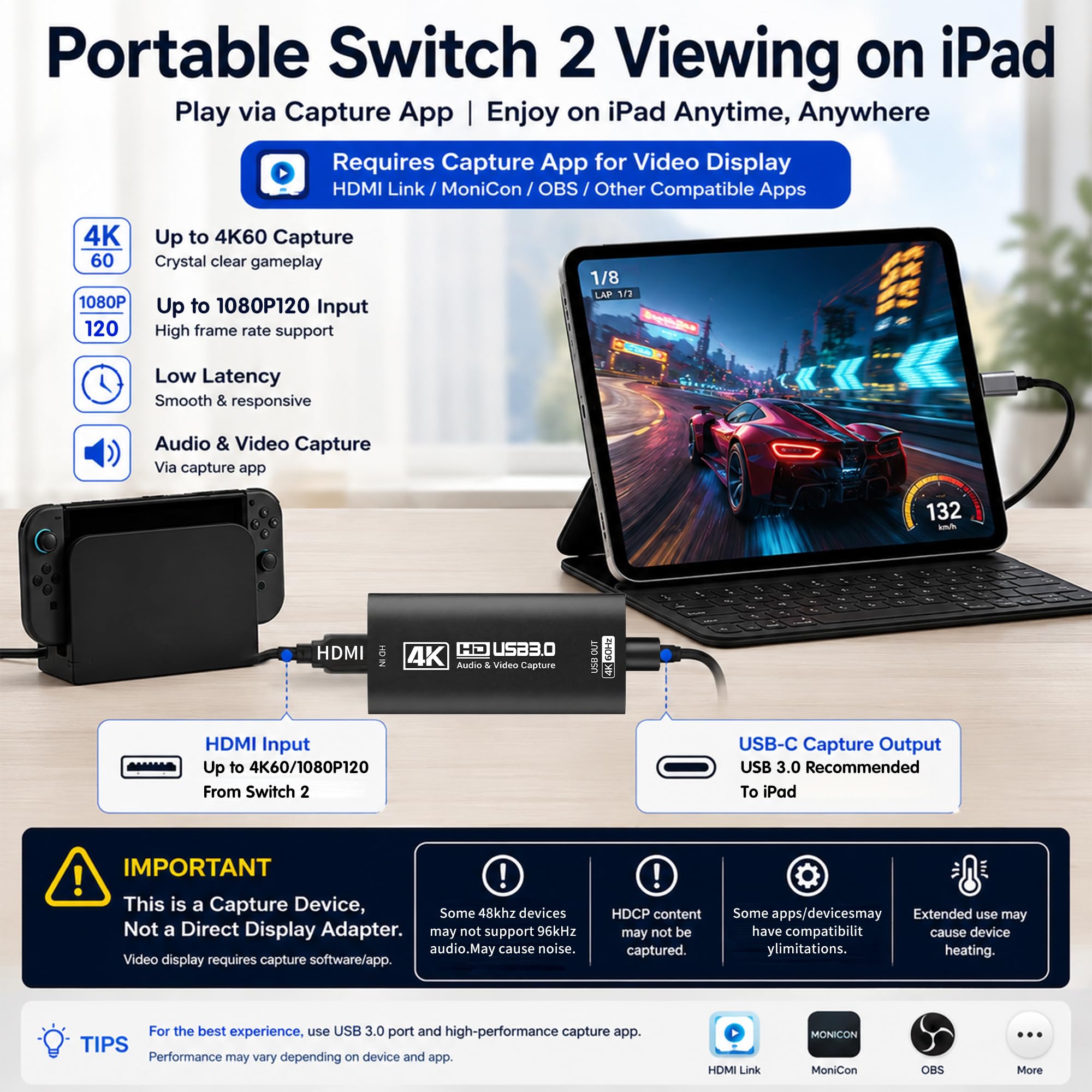 Guermok, Karta przechwytująca HDMI, 4K60FPS / 2K120FPS, czarny, streaming | Streaming, nagrywanie i granie z niskim opóźnieniem, Obsługuje konsole przenośne, Plug & Play bez sterowników, konsole domowe