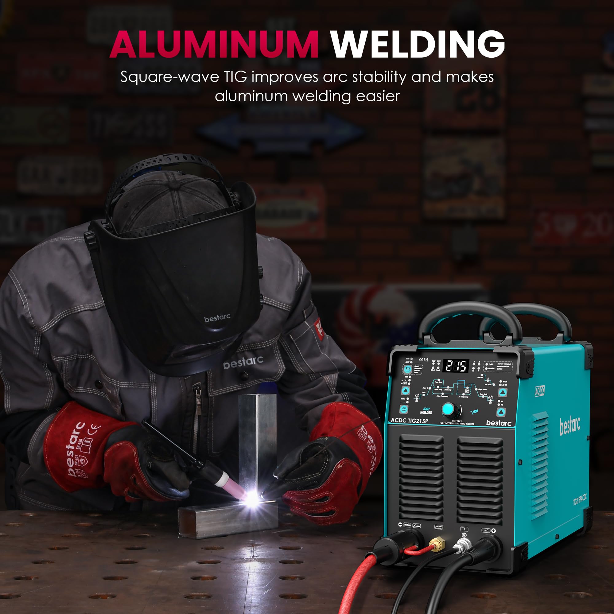 bestarc Soudeur TIG AC/DC, soudeur TIG en aluminium de 215 A avec impulsion TIG, machine de soudage TIG double tension 110 V/220 V avec soudage TIG CC/AC TIG/Pulse TIG/Stick Welding