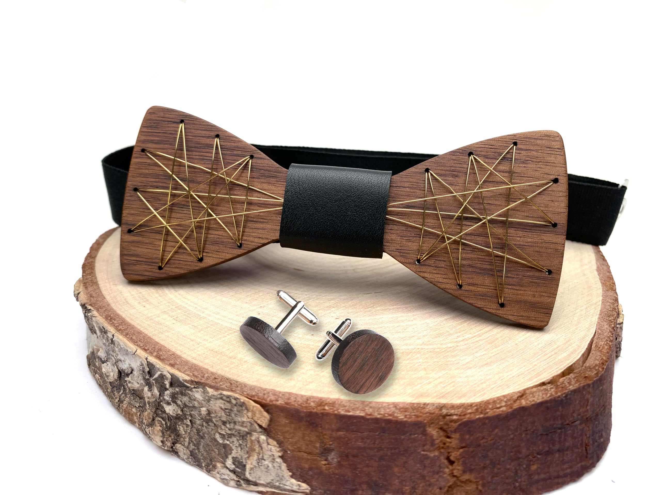 Holz-Metall Fliege mit Leder, Manschettenknöpfe aus Holz Handarbeit