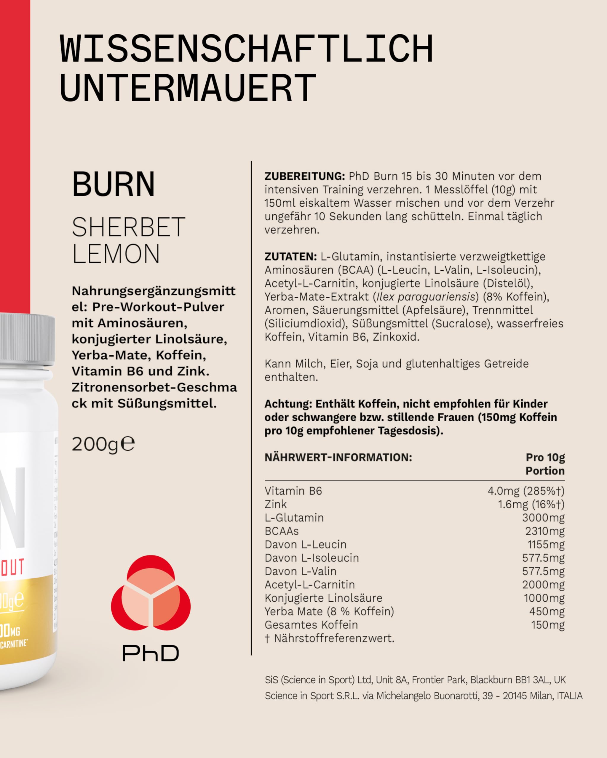 PhD Nutrition Burn Pre-Workout Pulver 200g Zitronenbonbon - Pre Workout Booster zur Unterstützung von Leistung und Fettverbrennung, Enthält Koffein, L-Carnitin, Zink & Vitamine