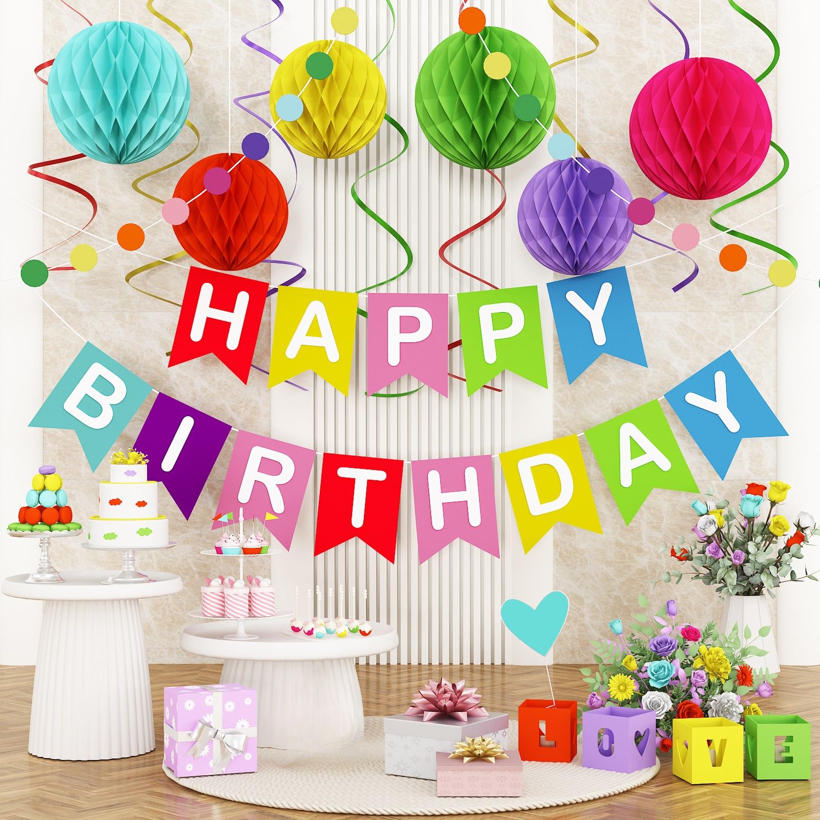 Colorful Birthday Decorations,Happy Birthday Banner with Honeycomb Balls,Circle Dots Garland,Hanging Swirls Streamers for Women Men Boys Girls Rainbow