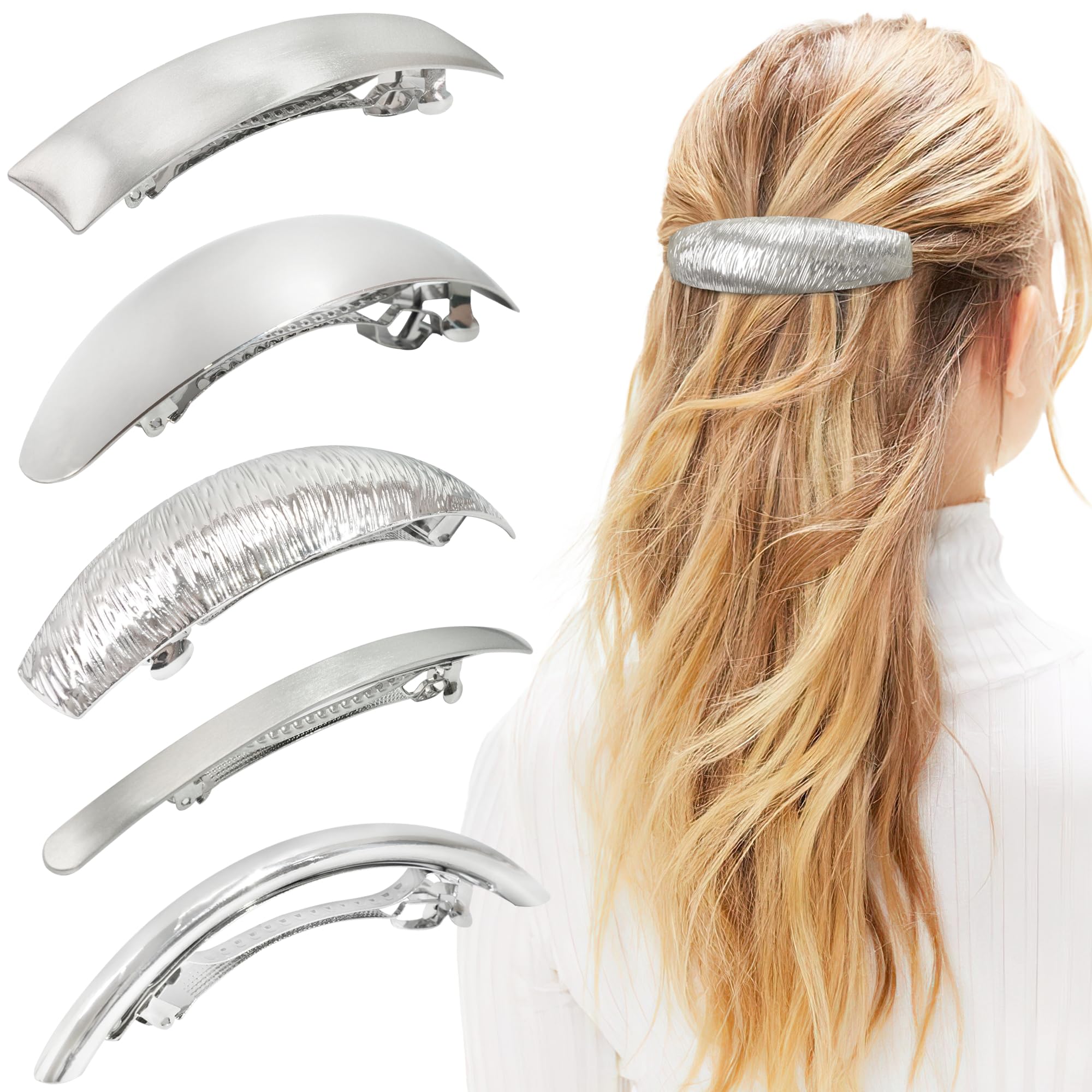 DeD Pack of 5 Women Hair Clips Metal Hair Pins Simple Retro Large Hair Barrettes French Clip Barrettes For Women Lady(Silver)