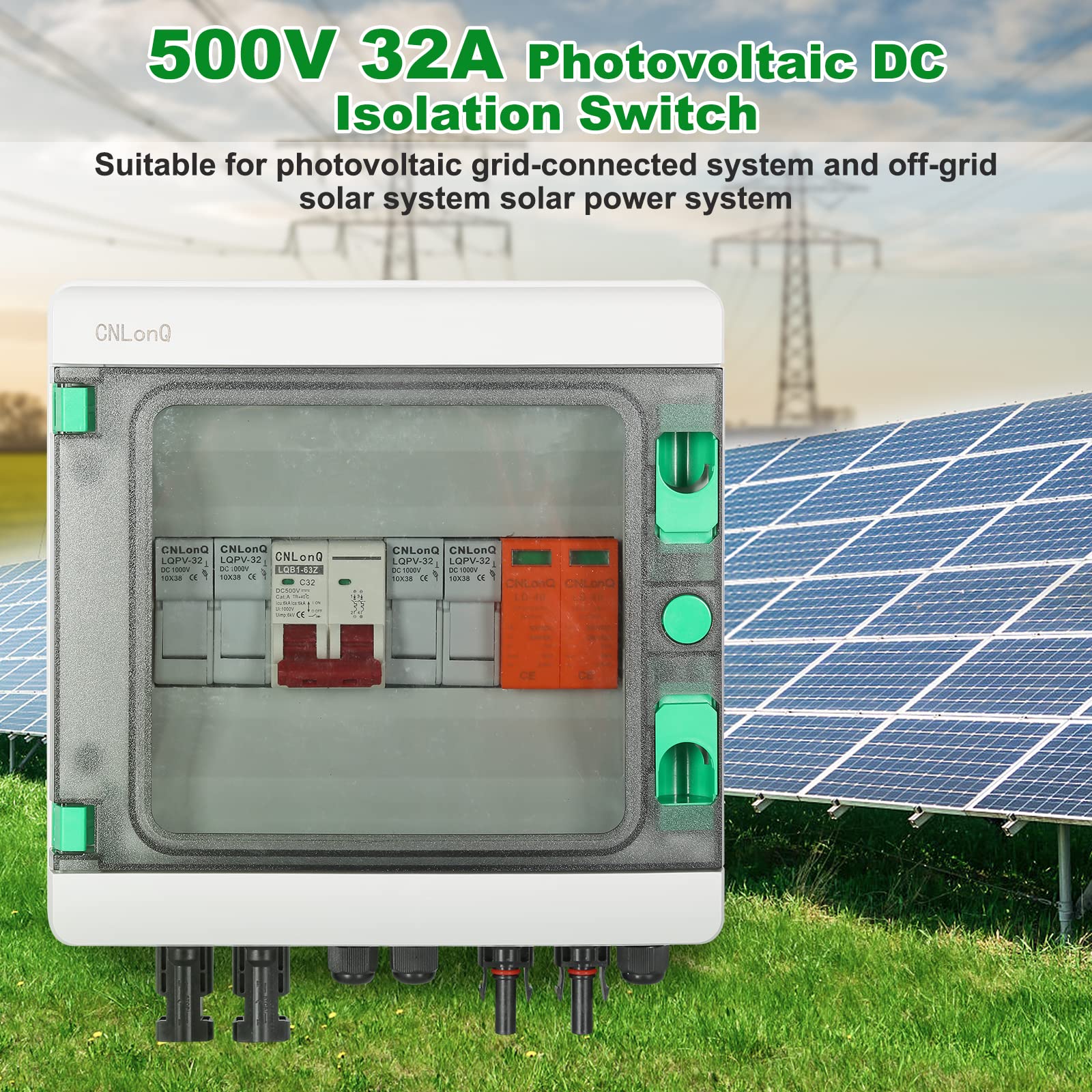 BuyWeek Scatola Combinata Fotovoltaica, 2 Stringhe Scatola di Distribuzione Solare Impermeabile IP65 con Fusibile 15A, 2P 32A DC 500V Interruttore e 2P DC 500V 40KA Scaricatore per Sistema Solare