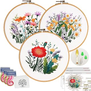 3 Sets Embroidery Starter Kit-Flower Pattern with Instructions for Beginner Embroidery Kit-Stamped Cross Stitch for Adults-Includes Hoop, Needle, Manual and Other DIY Tools