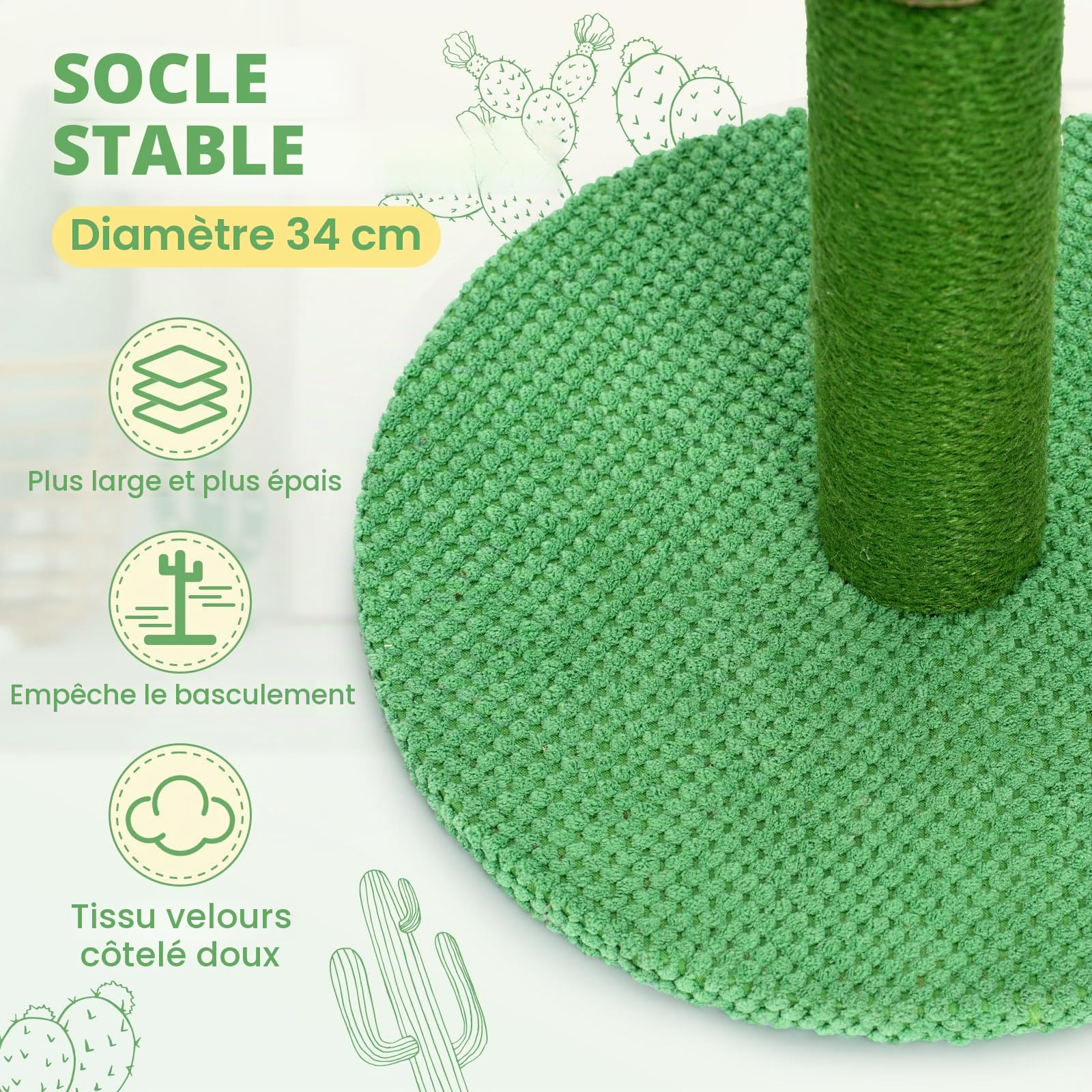 Happy & Polly Cactus Griffoir pour Chat 50 cm - Poteau en Corde de Tissu Résistant Jute Naturel - Grattoir Base Stable pour Chatons et Chats Adultes d'Intérieur - Vert