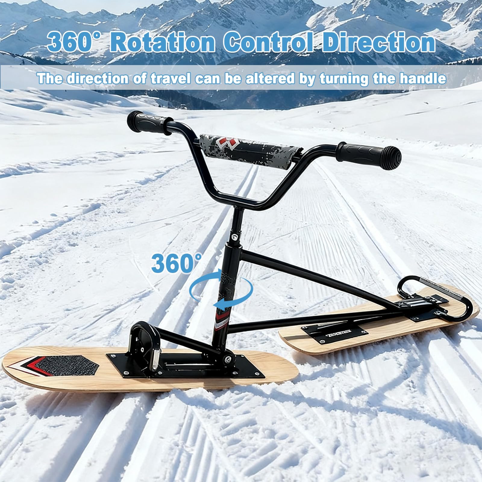 Monopattino Da Neve Per Adulti Adatto A Tutti I Terreni:Sterzo Agile A 360°,Telaio In Alluminio Rinforzato Con Doppie Lame,Supporta Fino A 150 kg,Per Piste Battute E Neve Farinosa Black