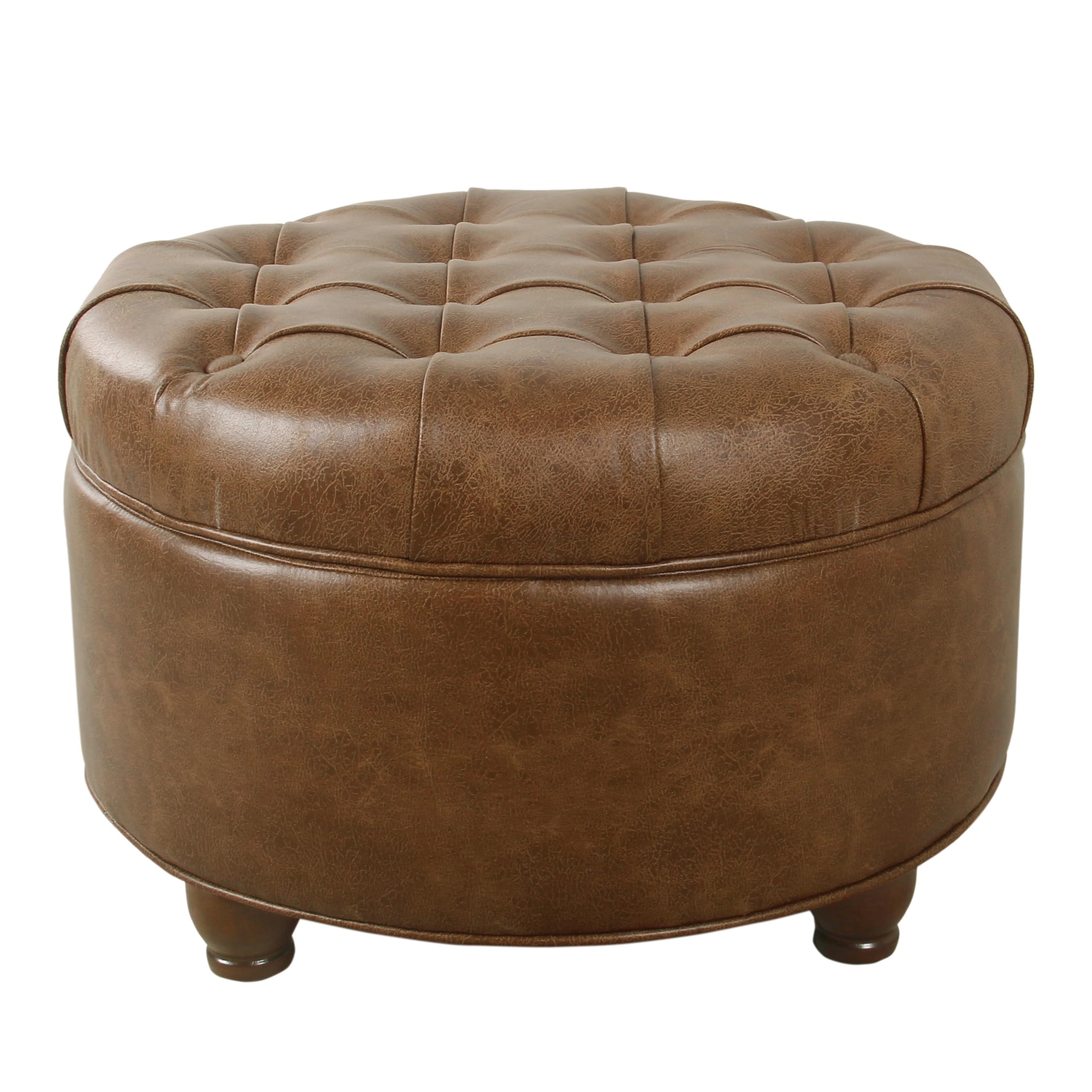 Homepop Home Decor | Button Tufted Faux Leather Round Storage Ottoman | Ottoman with Storage for Living Room & Bedroom (Brown)