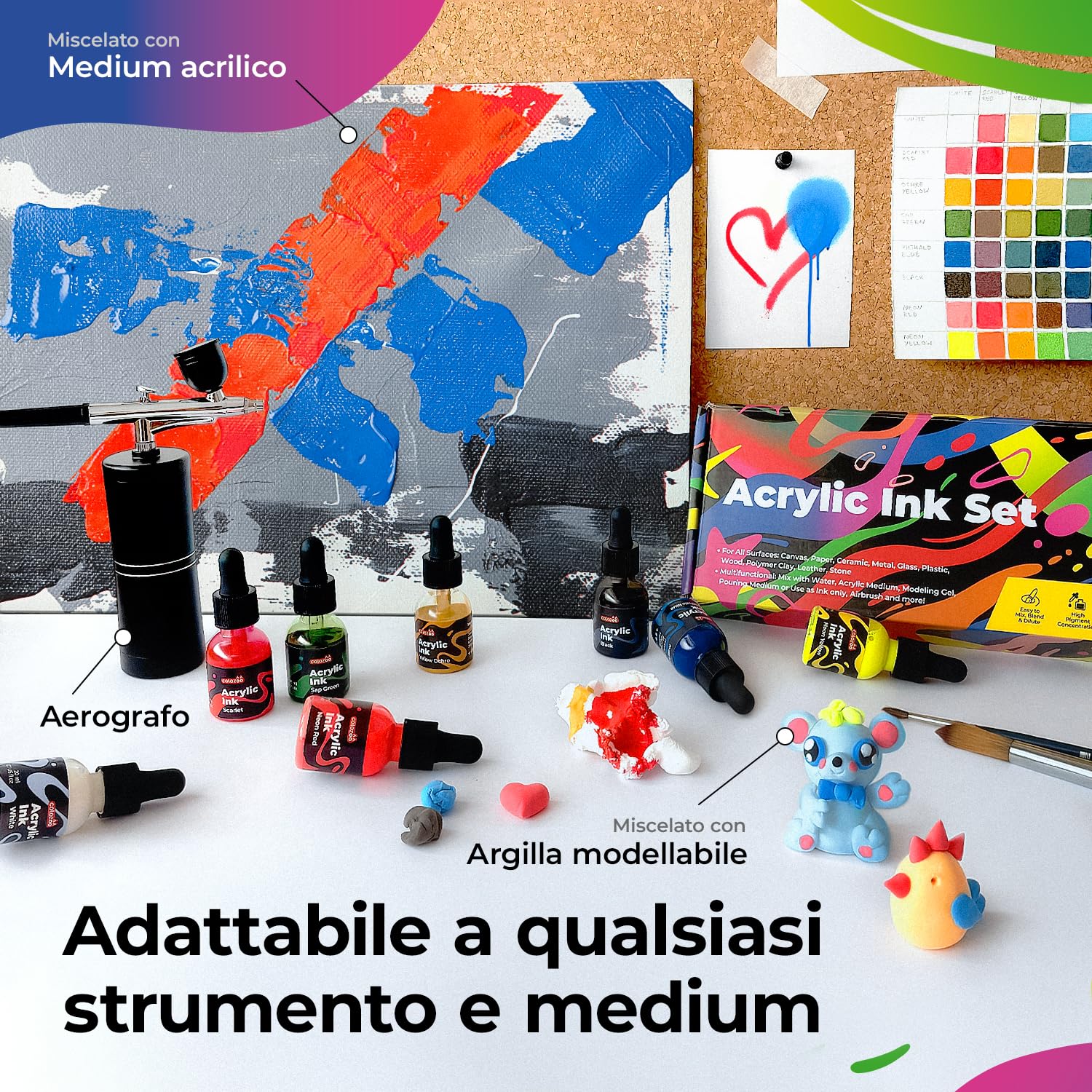 Colozoo Set di Inchiostri Acrilici 8x20ml, permanenti e impermeabili, 6 colori primari e 2 neon, pittura liquida per aerografo, pouring, medium acrilico, per tutte le superfici