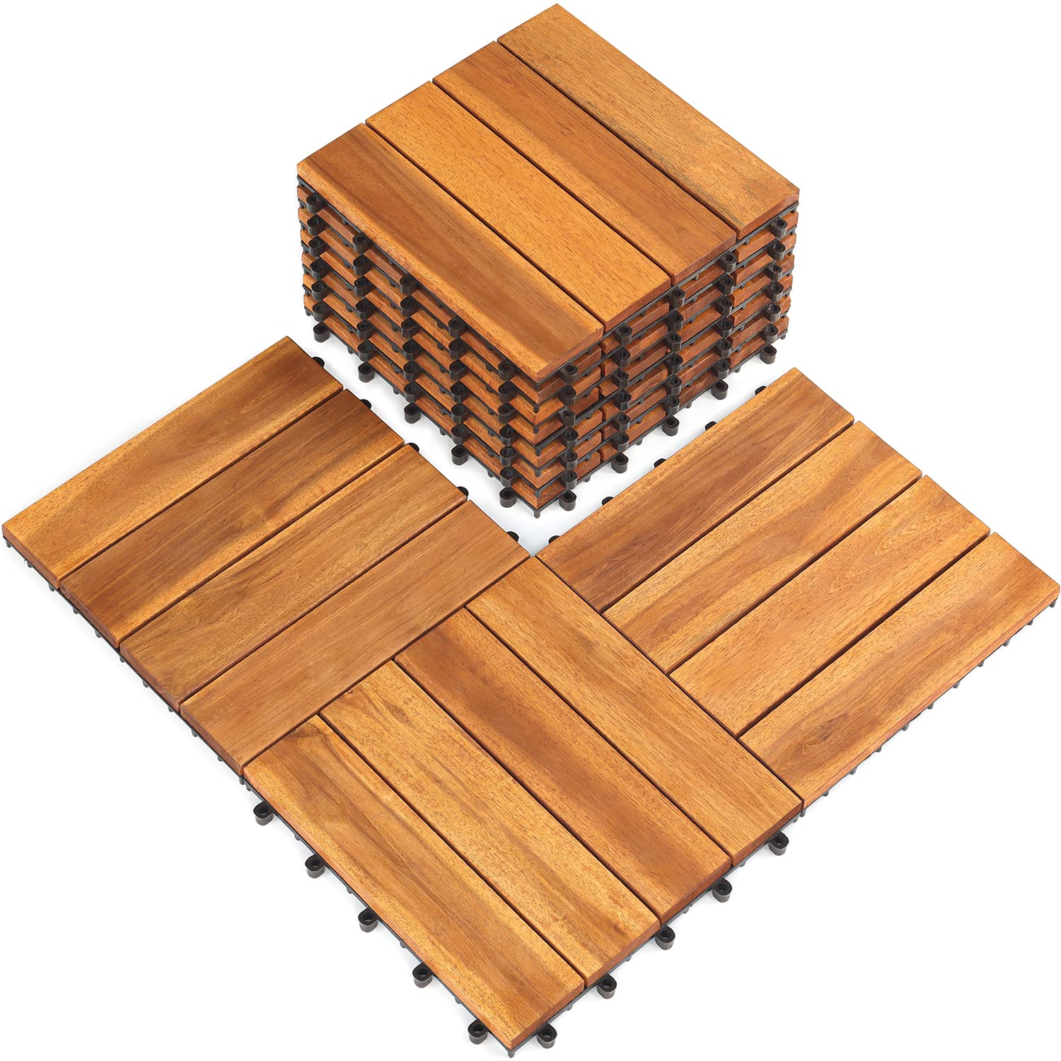 Interlocking Deck Tile (Pack of 10, 12"x12") Acacia Hardwood Deck Tile, Interlocking Patio Tile in Solid Acacia Wooden Oiled Finish Waterproof All Weather (12x12x0.85 inch, 4 Slat on Each Tile)