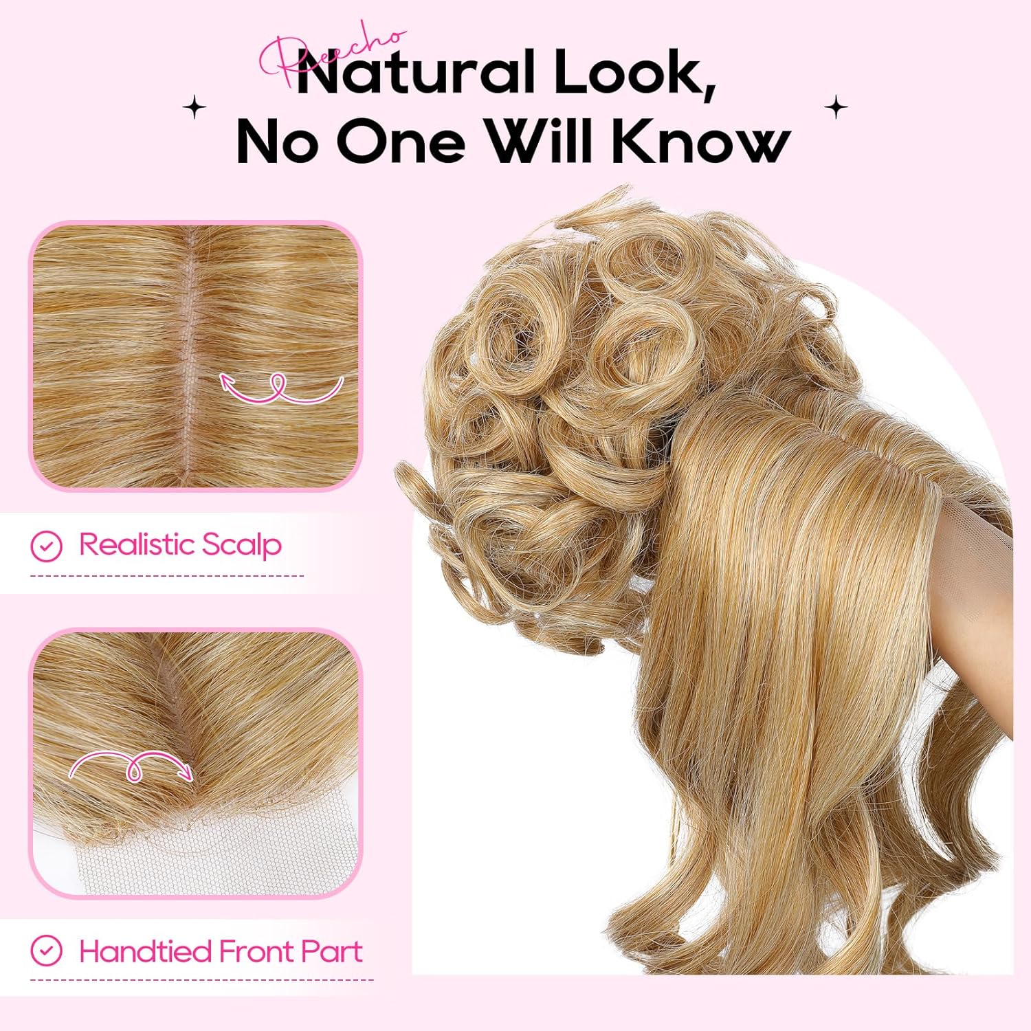 REECHO Messy Bun Hair Piece with Bangs - 2-in-1 Hair Bun Hairpieces Curly Updo Wig & Hair Topper with Long Side Bangs Natural-Looking Drawstring Ponytail Extension for Women - Honey Blonde