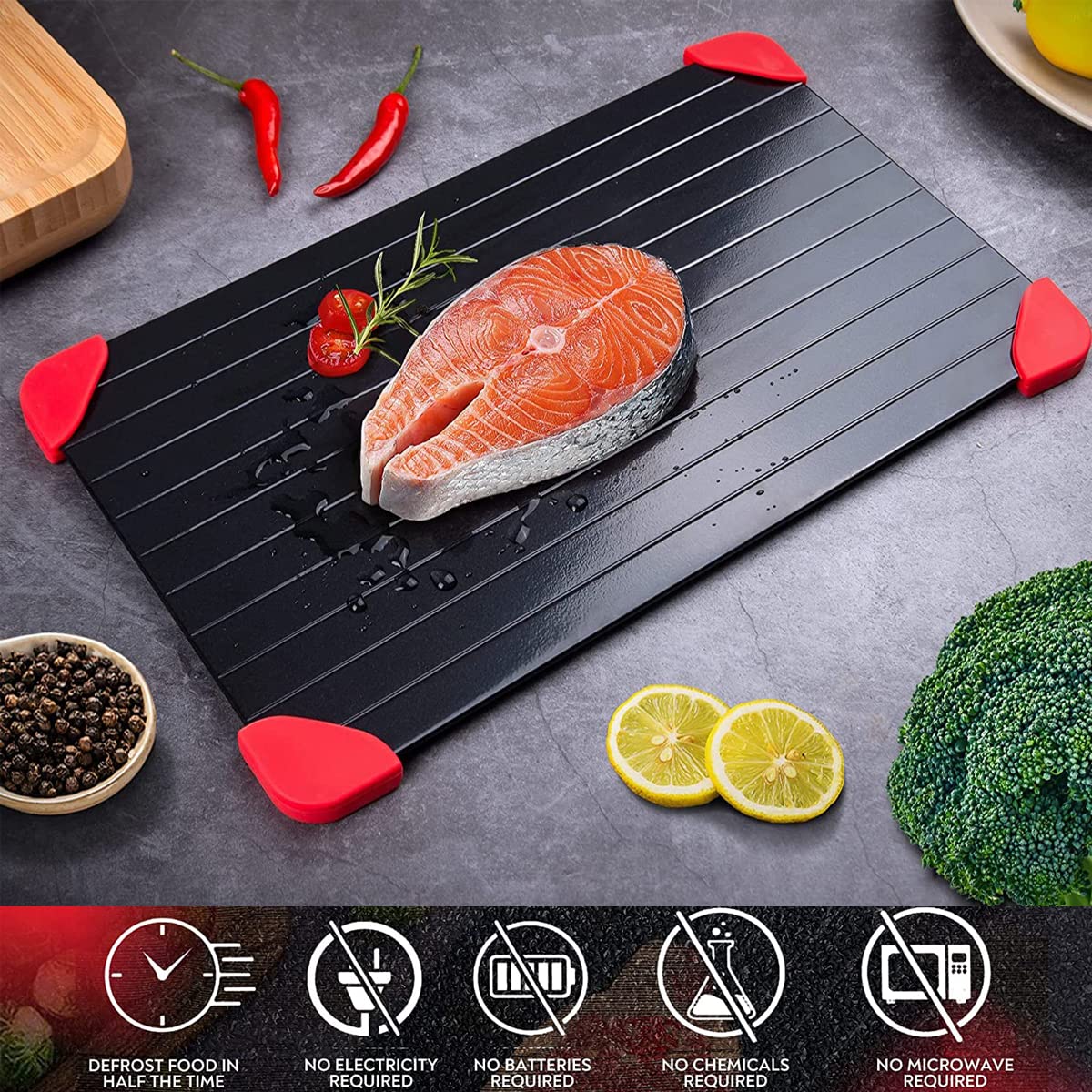 Vassoio Scongelamento Rapido in Alluminio Con 4 Cuscinetti in Silicone per Scongelare Velocemente la Carne Congelata
