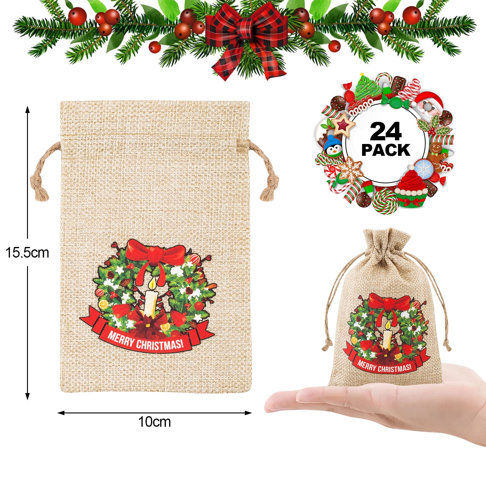 FloraSea 24 Pcs Small Christmas Gift Bags, 4x6 inches Mini Christmas Burlap Gift Bags with Drawstrings(8 Designs Styles)