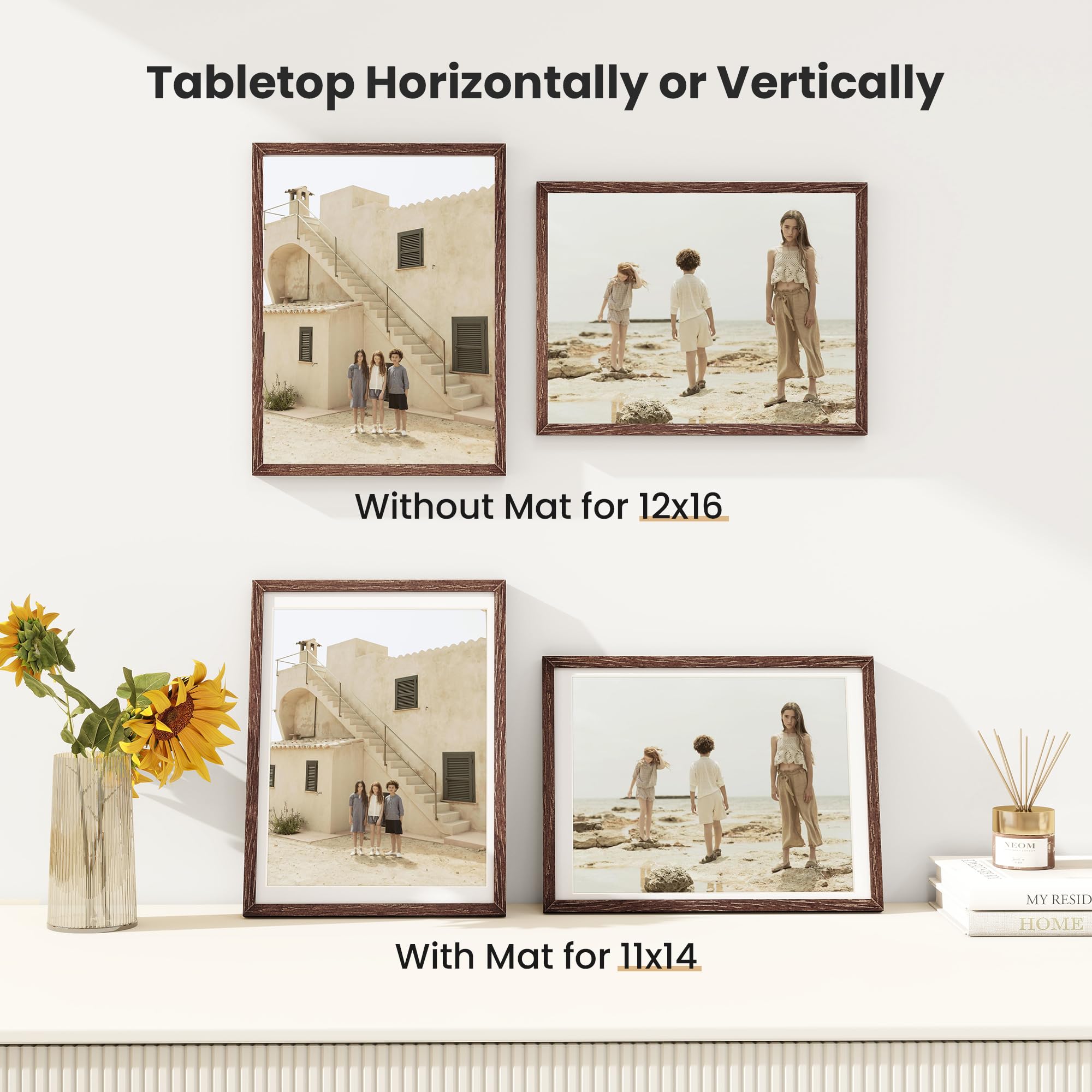 12x16 Frame Walnut Poster Frame 12x16 inch Picture Frames Large Solid Oak Wood 12x16 with Mat for 11x14 Inch Picture Frames Hang Portrait or Landscape for Wall Gallery Decor Art with Tempered Glass - Image 3