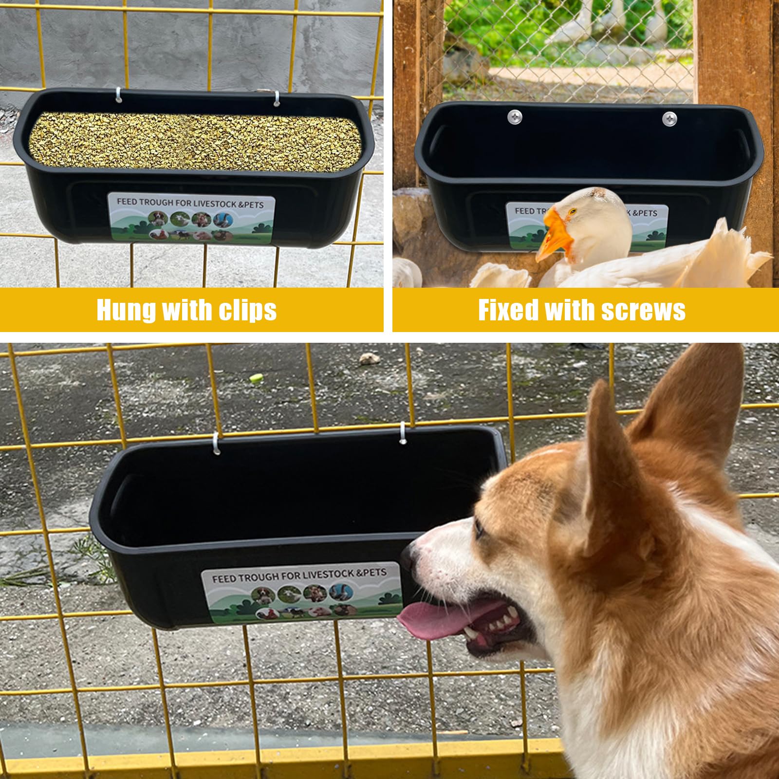 Neue große Hühnerfütterung, Zaun hängende Hühnerfütterung, große Kapazität Futtertrog Trog, Outdoor-Geflügel Futter und Wasser, Futter Hühner, Enten, Gänse, Hunde, Kühe und Schafe (4 Stück, Schwarz)