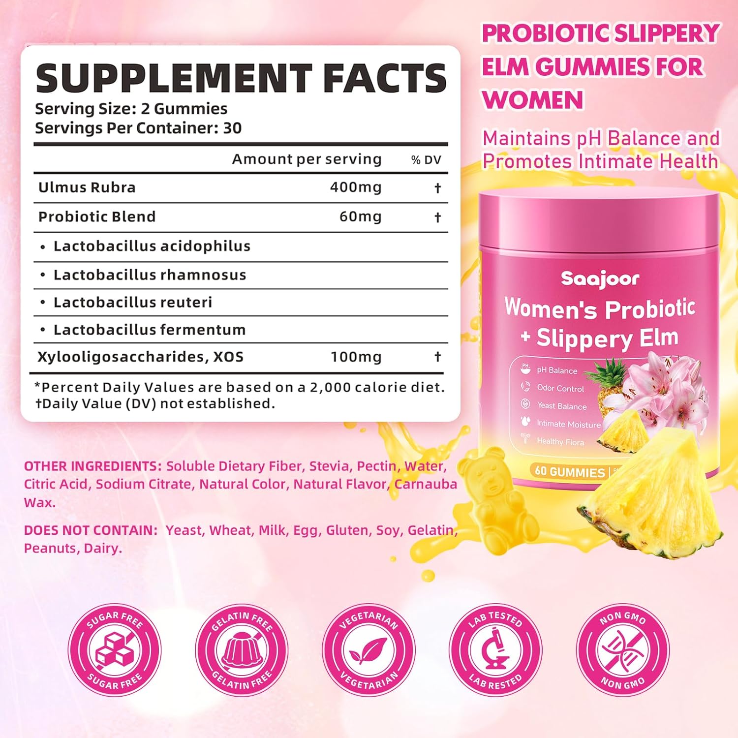 Women Probiotic Slippery Elm Gummies - Supports pH Balance, Digestive & Immune Health, Natural Pineapple Flavor, 60 Count - Image 2