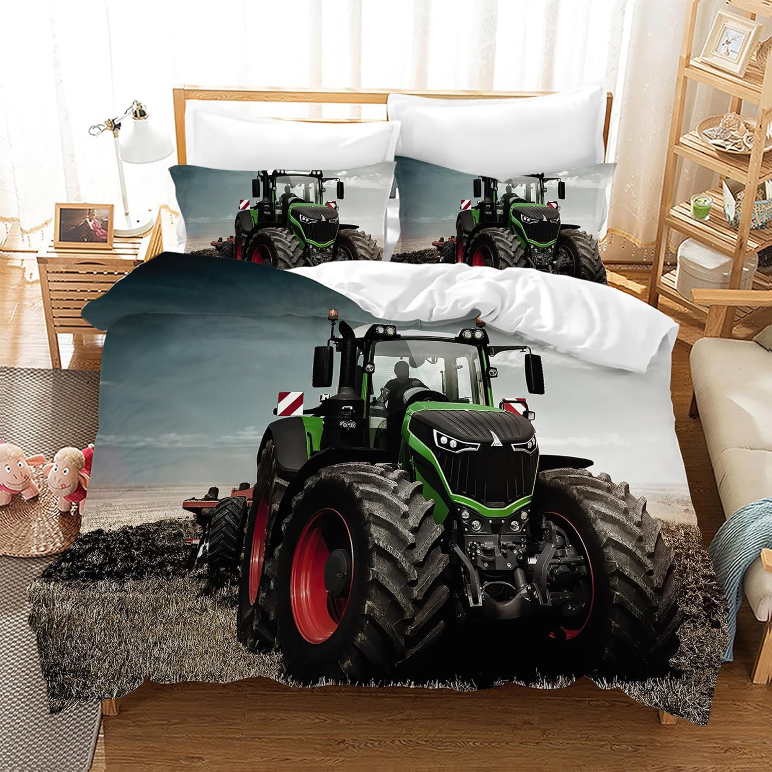 LLTTEER Tractor Dekbedovertrek 200 x 200 cm, 3-delig, beddengoed voor 2